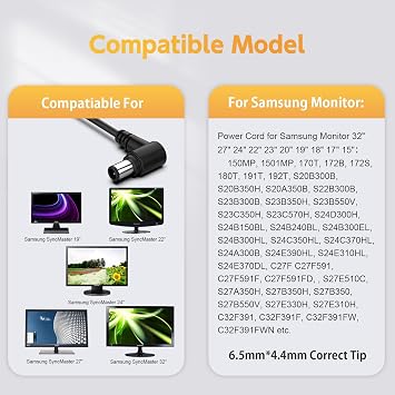 14V 4A Power Cord Compatible with Samsung Monitor S22C300H S23C350H S22C300H S24D590PL S24D390HL S27D590P S27D360H S27D390H CF591, 32 27 24 22 23 20 19 18 17 15 Monitor Power Supply