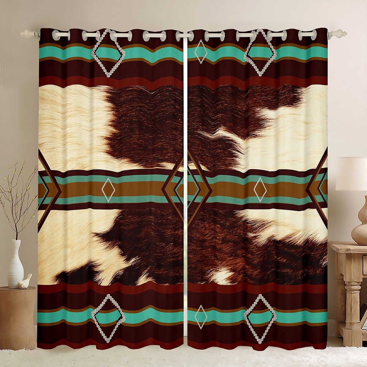 Western Curtain Southwestern Decor Darkening Drapes Cow Print Curtains for Bedroom Living Room Kids Aztec Curtains Cowhide Blackout Curtains Stripe Window Treatments (2 Panels, W66*L90) โ image 1