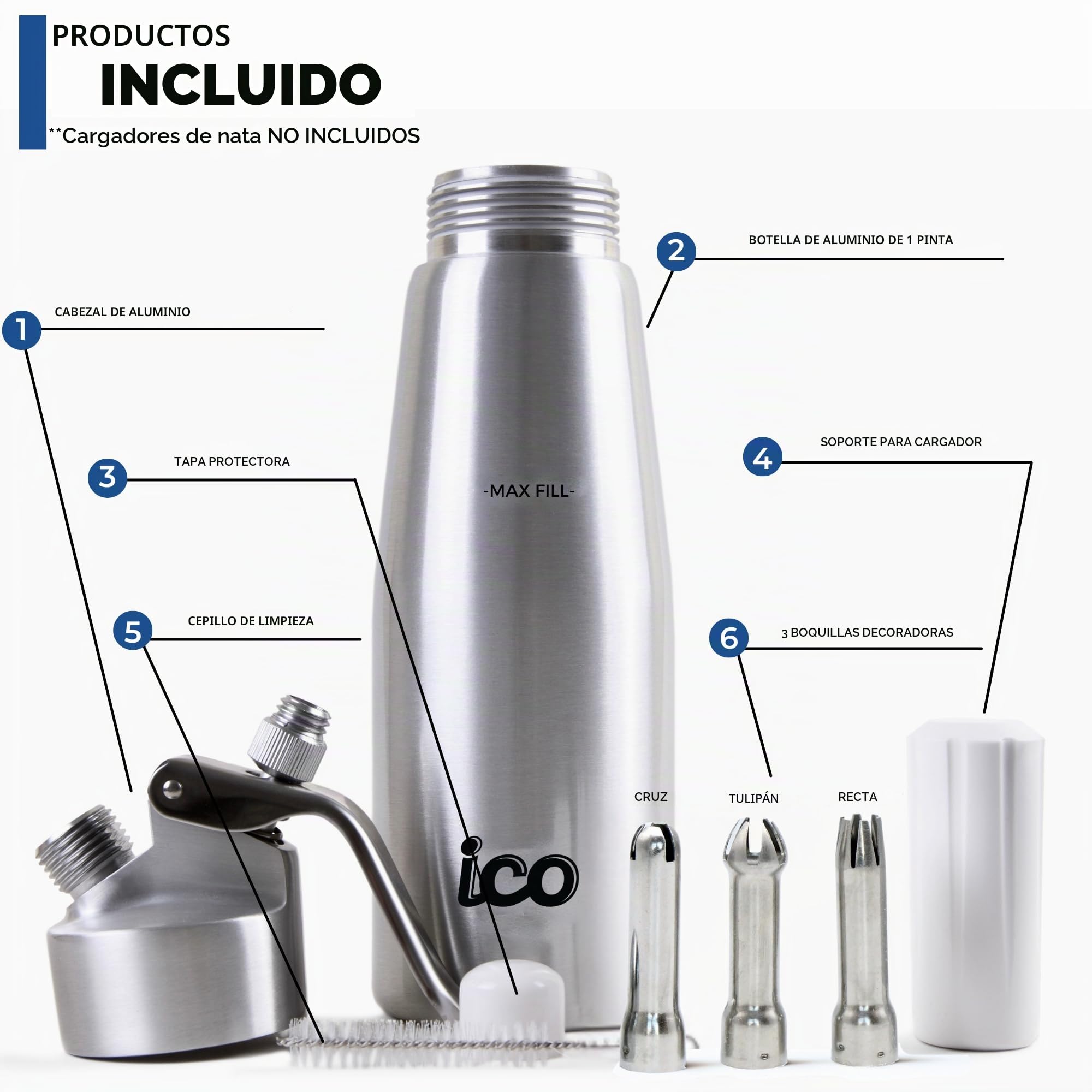 ICO Sifon Cocina Aluminio 500ml - Sifón Cocina Espumas Profesional Para Crema Chantilly - Compatible Con Cargas Sifon De Cocina N20
