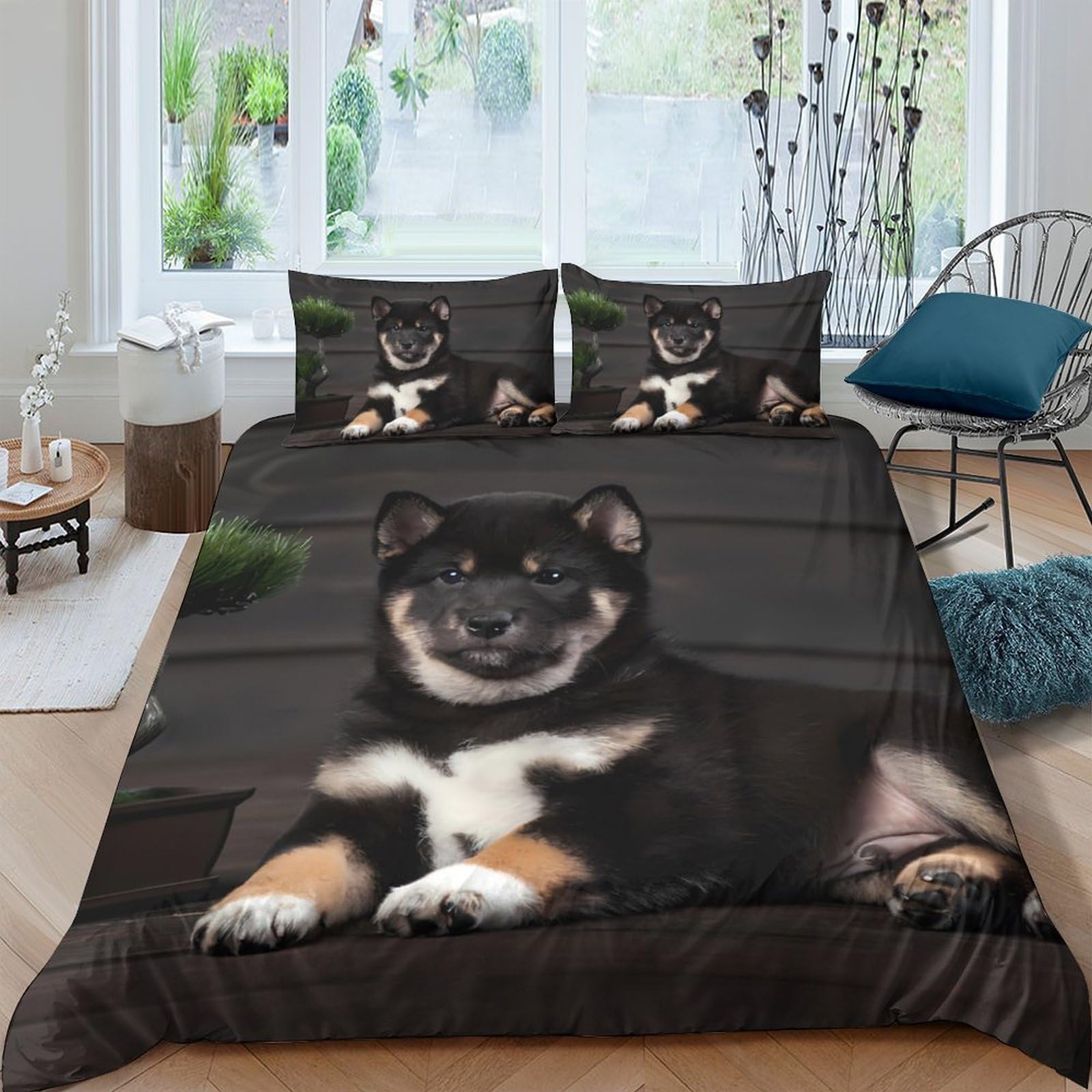 Ctjqhvkz Style-5 3D Printed Black Shiba Inu Fitted Sheet Microfiber Soft Breathable Dog Pattern Bed Cover For Bedroom Decor Single（135X200cm）