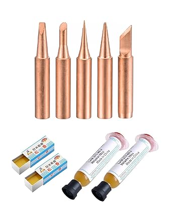 Vadda Bai Set of 5 Pcs Pure Copper Soldering Iron Bit Set with 2 Pcs. Flux RMA-223 10cc and 2 Pcs 5Gram Rosin Paste Tip Suitable For Model 936, 937, 907 900M-T (K/IS/SK/3C/I)