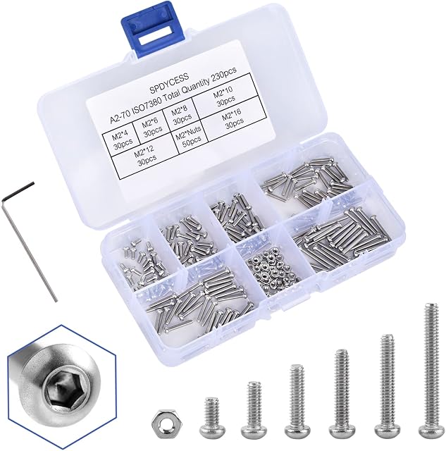 SPDYCESS 230 Pcs Small M2 Nuts and Bolts Set 304 Stainless Steel Hex Socket Button, Screws Assortment Kit with Storage Box + 1 Free Hex Wrenches
