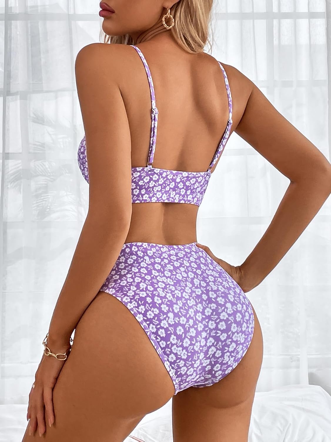 SweatyRocks Women's 2 Piece Bikini Set Ditsy Floral Print High Cut Bathing Suit Beachwear - Image 2