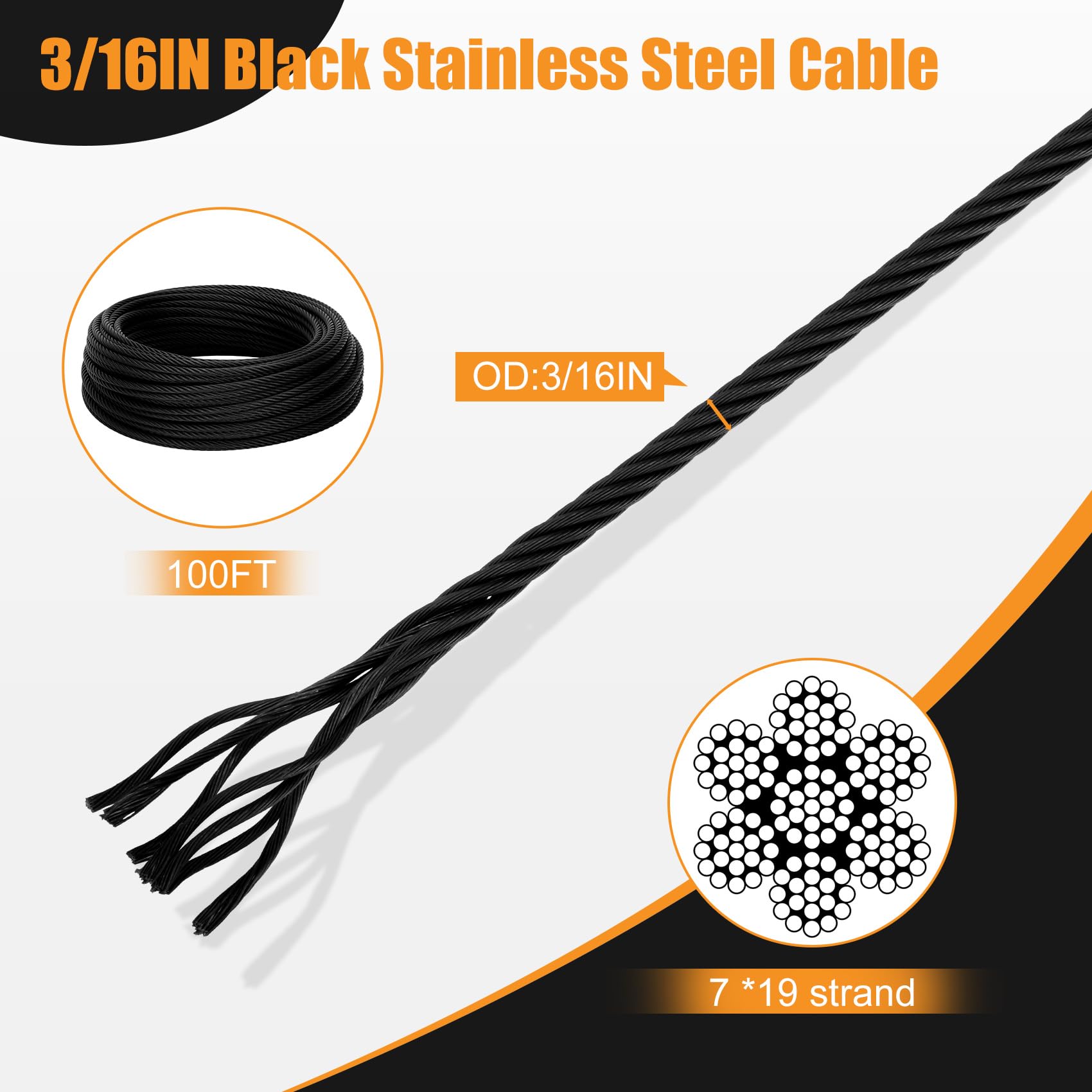 Cable de acero inoxidable 3/16 negro grueso, cuerda de alambre de 100 pies