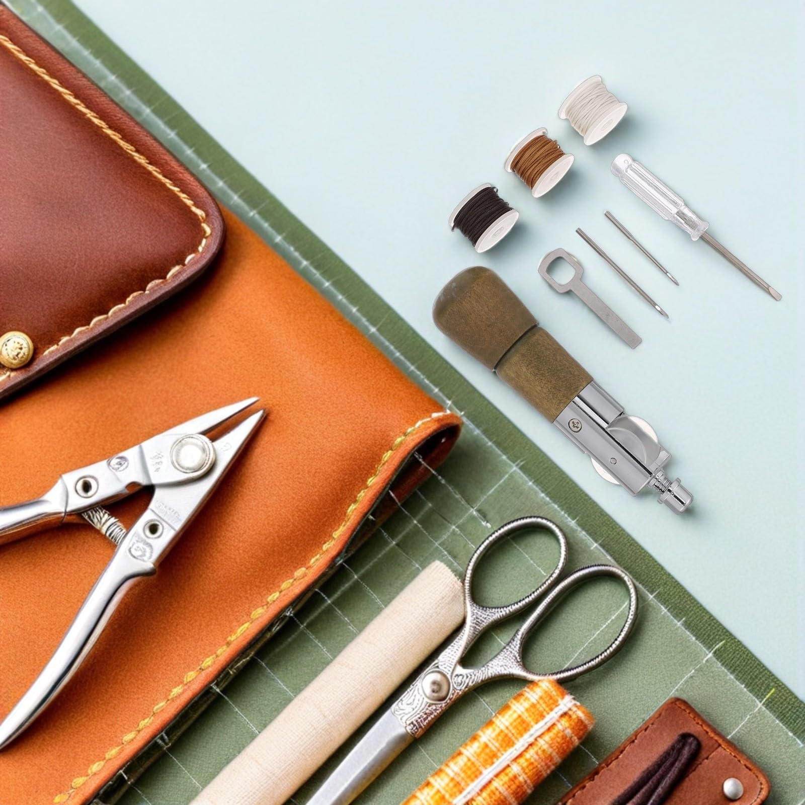 Healeved Kit Punteruolo per Cucire in Pelle con Manico in Legno e Filo Cerato, Utensile Professionale per Riparazioni e Artigianato, per Studi e Uso Domestico