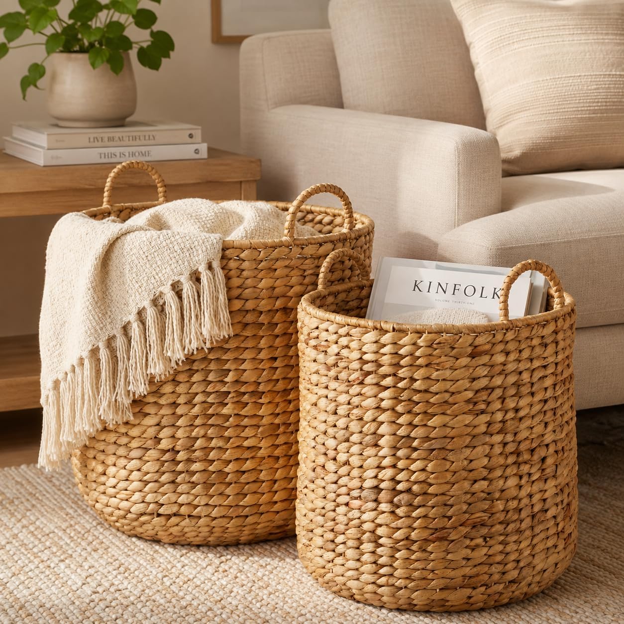 2-Piece Wicker Laundry Baskets, Water Hyacinth Baskets for Blankets