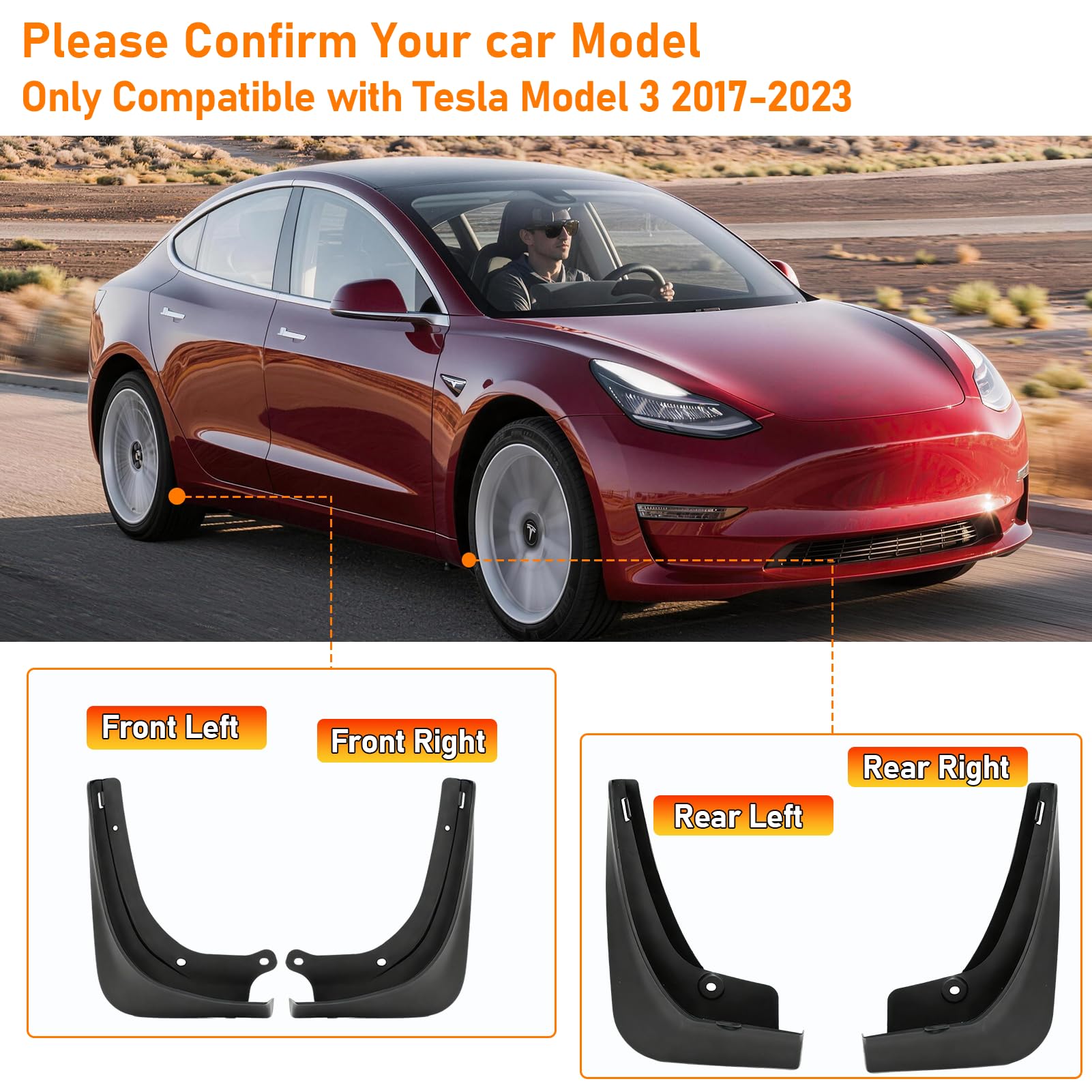 TTCR-II 4 PCS Compatible avec Bavette Tesla Model 3 2017 2018 2019 2020 2021 2022 2023, Aucun Perçage Nécessaire Model 3 Bavettes Anti-éclaboussures Ailes, Tesla Garde-Boue Équipés de Vis de Fixation