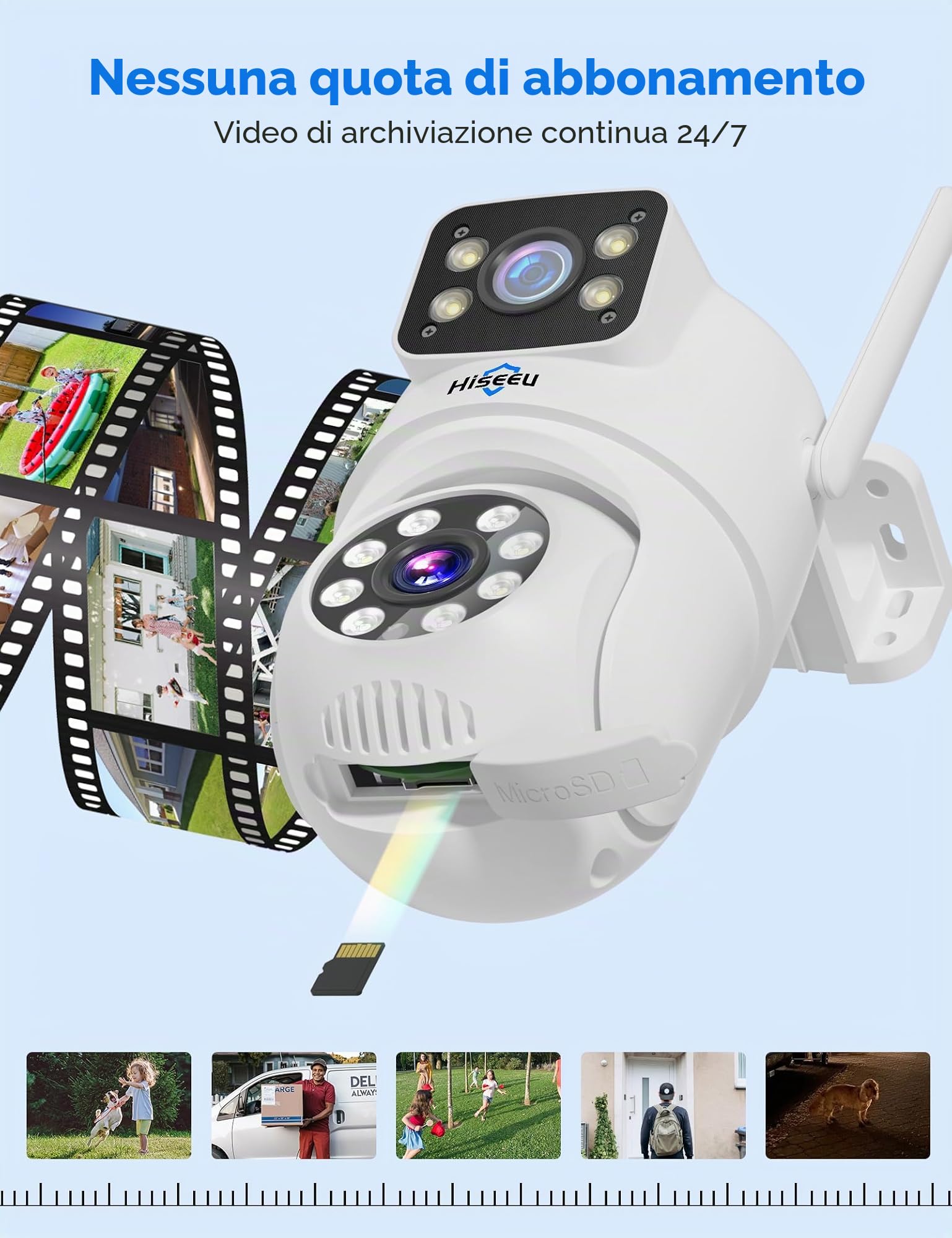 Hiseeu 【Doppia Lente 2K Telecamera Wi-Fi Esterno con 8X Zoom Digitale, 3MP PTZ Videocamera Sorveglianza, Tracciamento Auto Rilevamento Umano Visione Notturna a Colori Allarme Sonoro e Luminoso Alexa