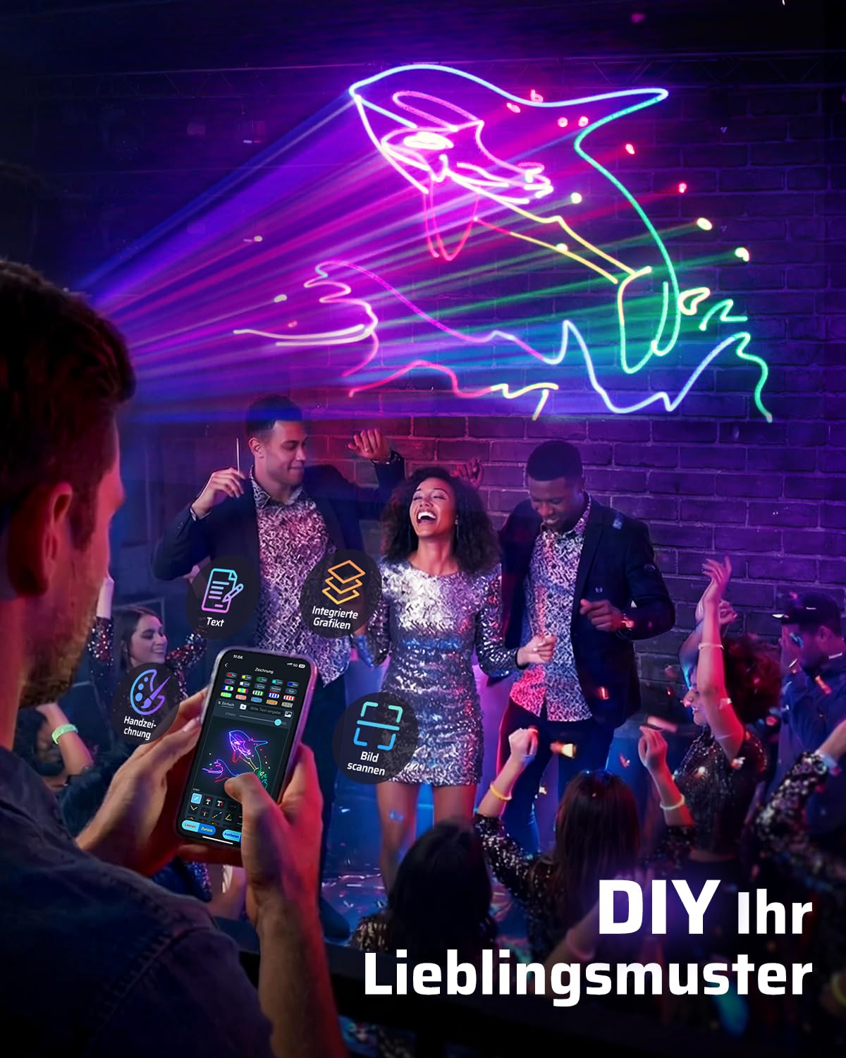 KeoBin Discolicht mit Bluetooth App, 3D DIY Animation DJ Licht DMX512 | Individuelle Muster & Texte, 600+ Effekte, DMX512, Musiksteuerung, Fernbedienung, Master-Slave, Party & Club