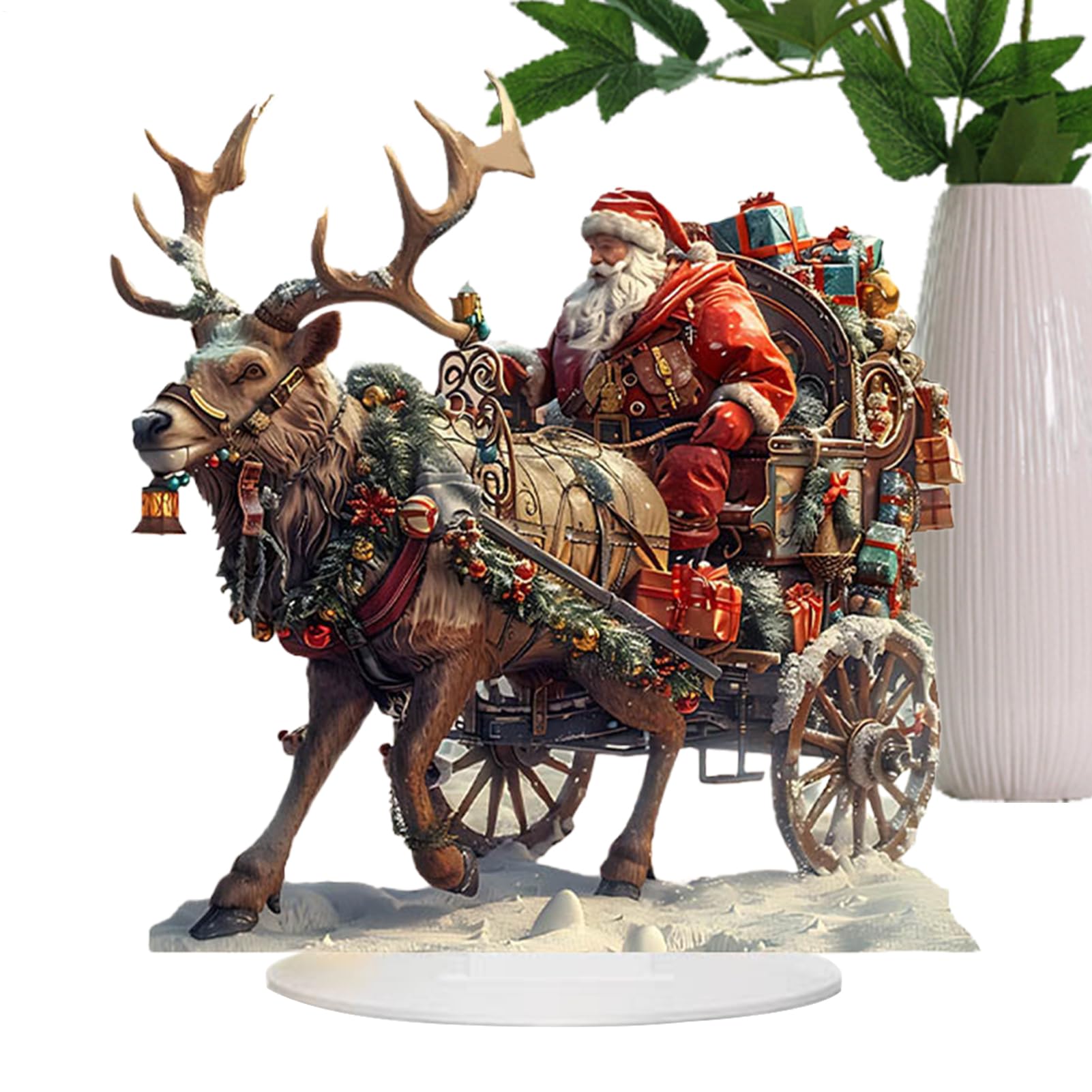 Santa Sleigh Reindeer Figurine - 15x15cm 2D Acrylic Deer Sleigh Statue, Father Christmas Figures, Holiday Santa Reindeer Desktop Ornament, Christmas Decor For Indoor & Outdoor, Fireplace Home Decor