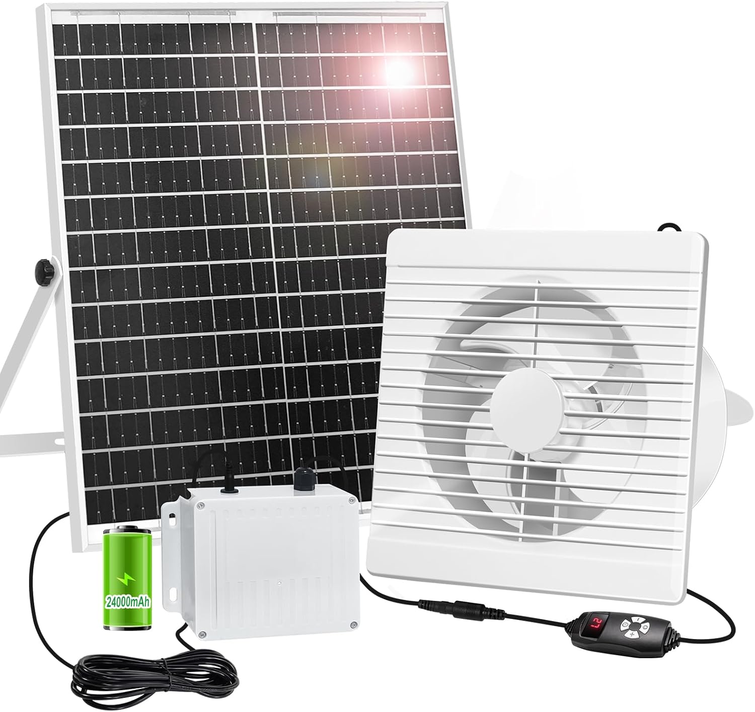 Solar Powered Fan with 24000mAh Battery Run Day/Night, 25W 9.8" Solar Fan for Chicken Coop with 2 Fan Speed/Timer, Waterproof Solar Greenhouse Fan for Shed, Chicken Coop, Greenhouse