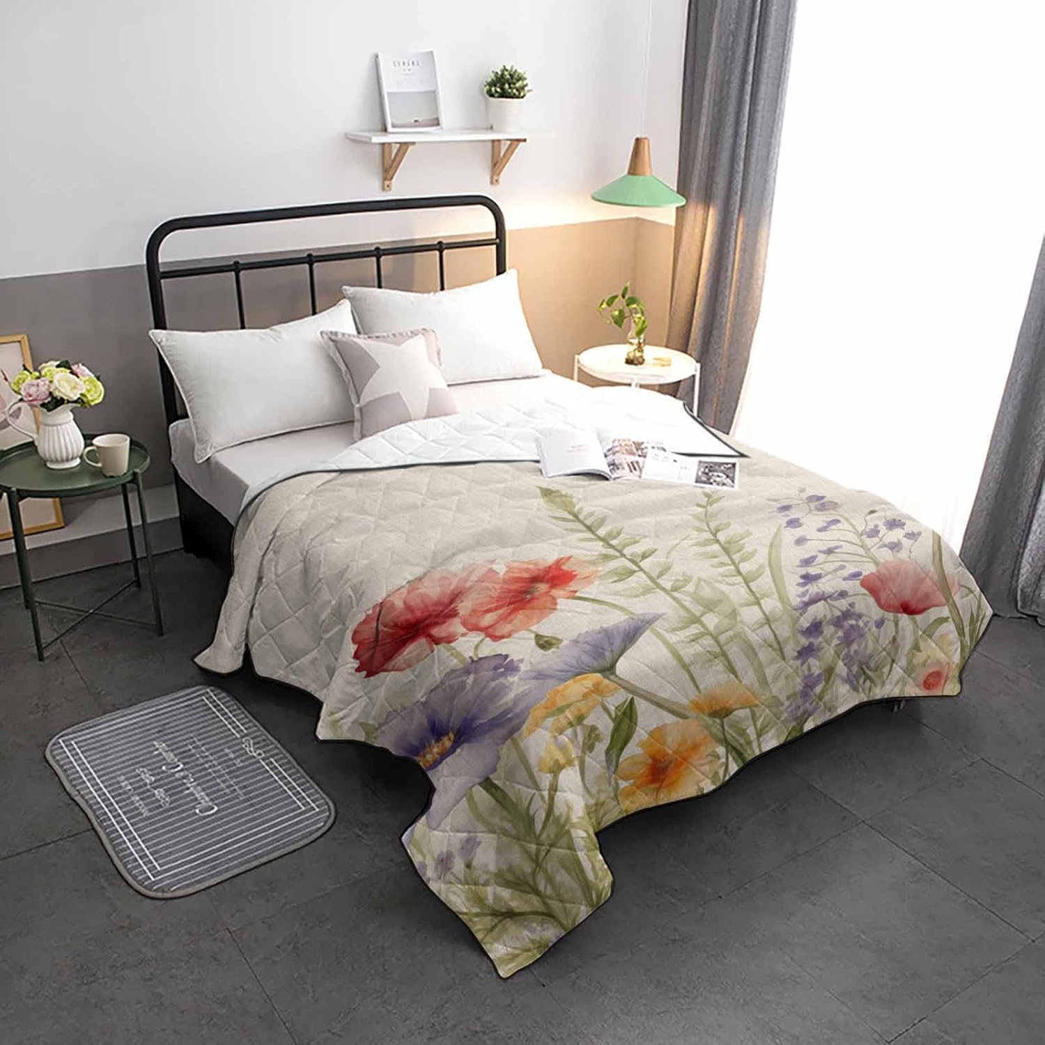 T&H XHome Quilt Queen Size Luxury Quilted Comforter Bedspread-Thin Soft Cozy, Spring Wildflowers Floral Plant Leaves Linen Reversible Stitched Lightweight Quilt Coverlet for All Season