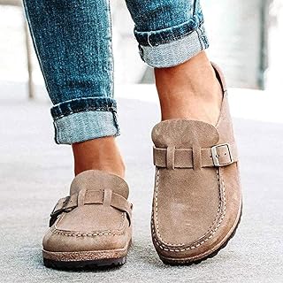 Womens Flat Mule Sandals Summer Clogs Suede Flat Slipper Round Toe Backless Slip on Loafer Shoes Comfy Fashion Home Office Boat Shoes,Brown,US7/EU38