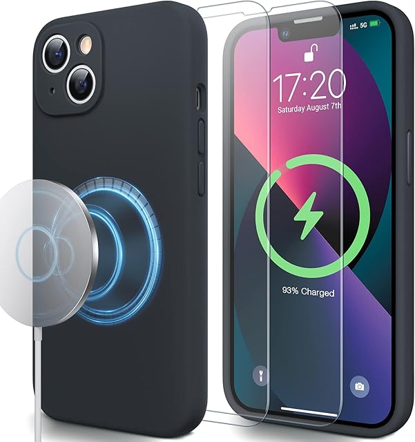 LK for iPhone 13 Case 6.1" Compatible for MagSafe, with 2 Pack Tempered Glass Screen Protector, Liquid Silicone Shockproof iPhone 13 Cover, [Full Body] [Scratchproof] [Mil-grade Protection] Black