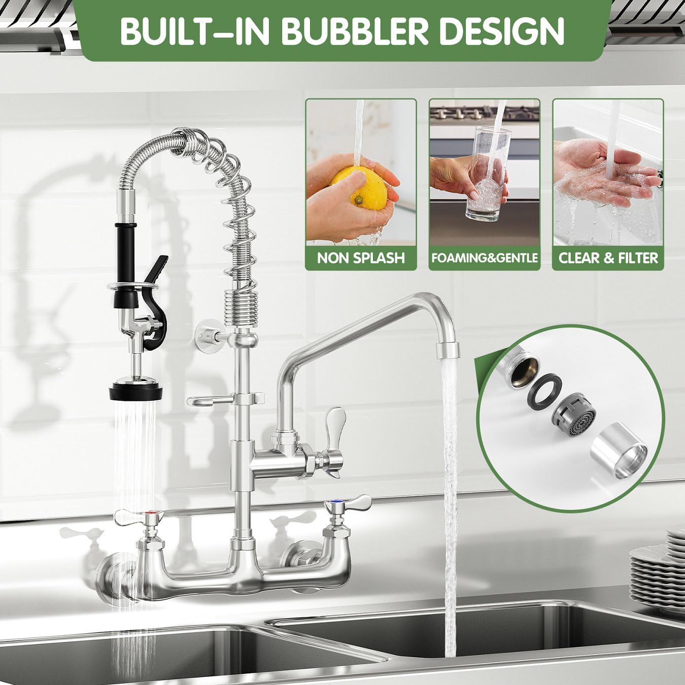 Commercial Sink Faucet,TOLSUNY Commercial Kitchen Faucet Wall Mount with Pre Rinse Sprayer,Wall Mounted Kitchen Sink Faucet for Industrial and Restaurant Sinks. (Classic, 25) - Image 5