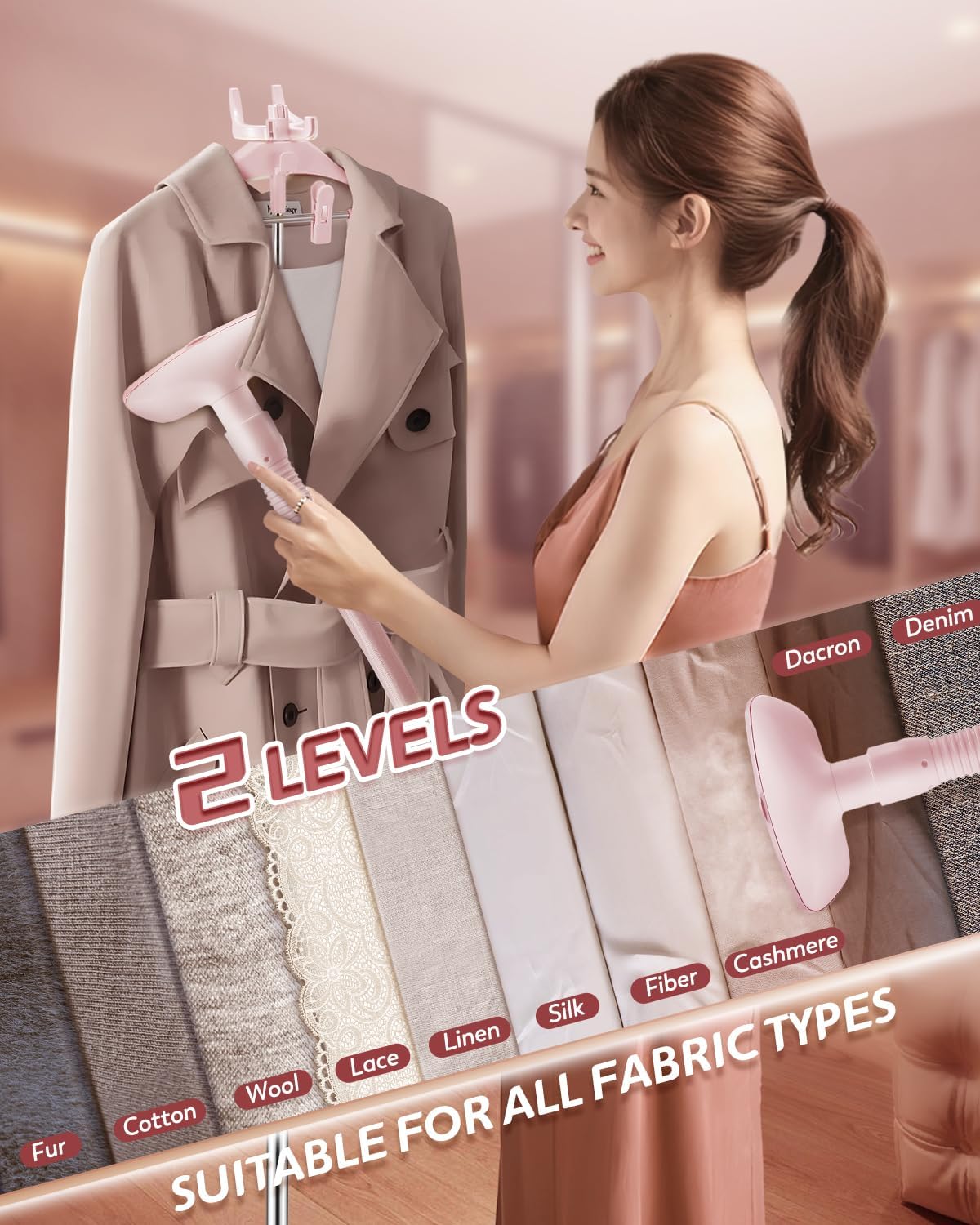 Standing Garment Steamer with Ironing Pad, 2200W Steamer for Clothes, 3L Tank, 70-Min Continuous Steam, 40s Fast Heating, Adjustable Height, Drain Port Design, Universal Wheels, Pink