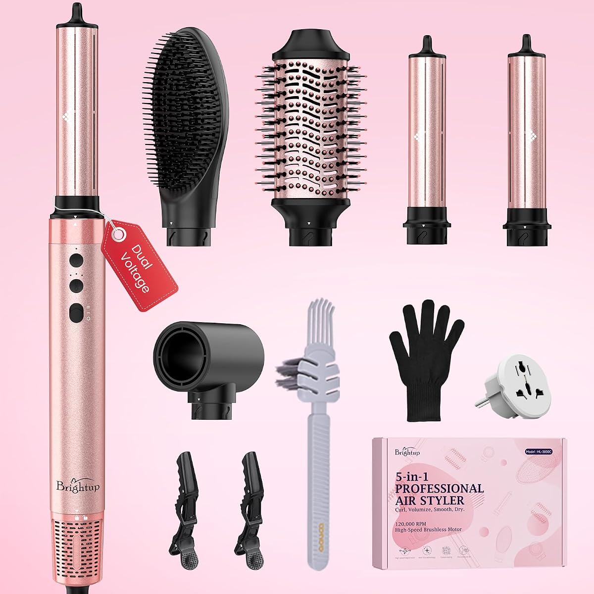 Brightup Dual Voltage 5 in 1 Hot Air Styler & Hair Dryer Brush | Auto Curling, 1400W Fast Drying, Negative Ions, Cool Shot Button, Volumizing, Straightening and Travel Bag