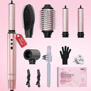 Brightup Dual Voltage Hair Styler - 5 in 1 High Speed Hot Air Styler 1400W Blow Dryer Brush, Negative Ions, Cool Shot Button, Curler, Volumizer, Straighter, No Heat Damage, with Travel Bag