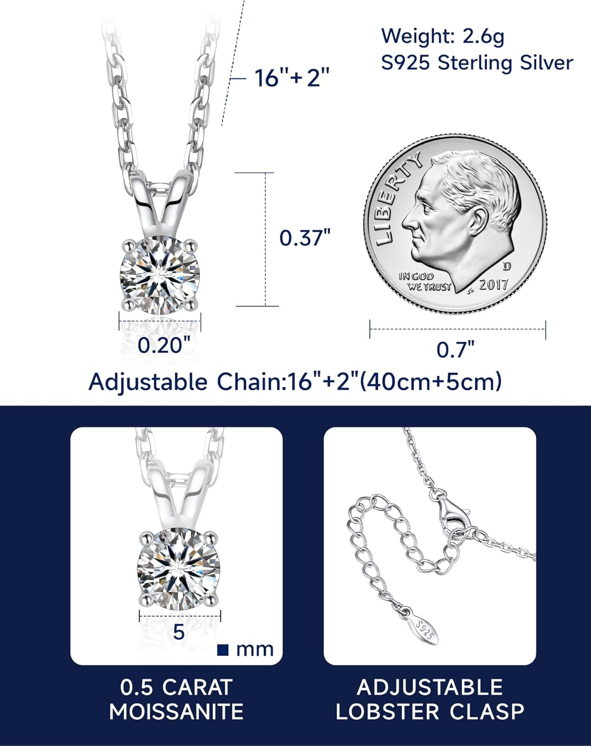MomentWish Moissanite Solitaire Pendant Necklaces for Women Sterling Silver 0.3/0.5/1/2-Carat D Color VVS1 Clarity Mossanite Jewelry for Women
