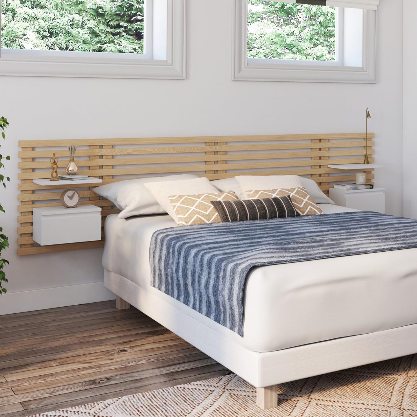 IDMarket - Cabecero de lamas AVA con mesillas colgantes 240 CM madera clara y blanco