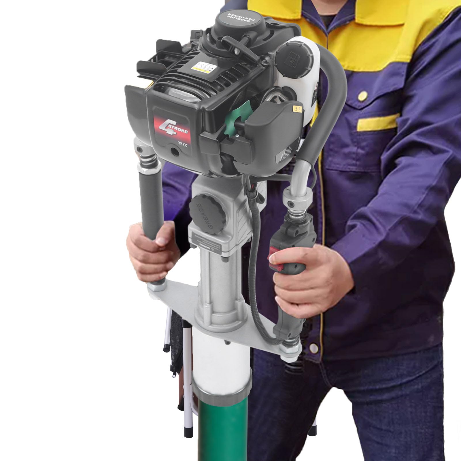 4-Stroke Gas Post Driver, 37.7cc Gasoline Pile Hammer, 1.2KW Power Pile Driver, Ergonomic Design, Suitable for Outdoor Piling and Fencing POIOKLJRE