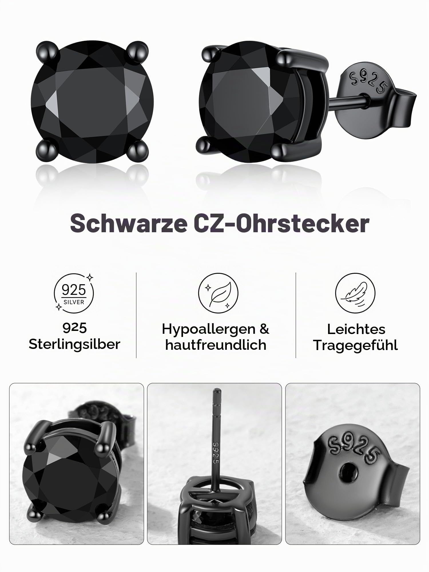 Schwarze Ohrstecker für Herren, Ohrstecker aus 925er Sterlingsilber, hypoallergene runde Zirkonia-Ohrringe als Geburtstagsgeschenk, 5–8 mm