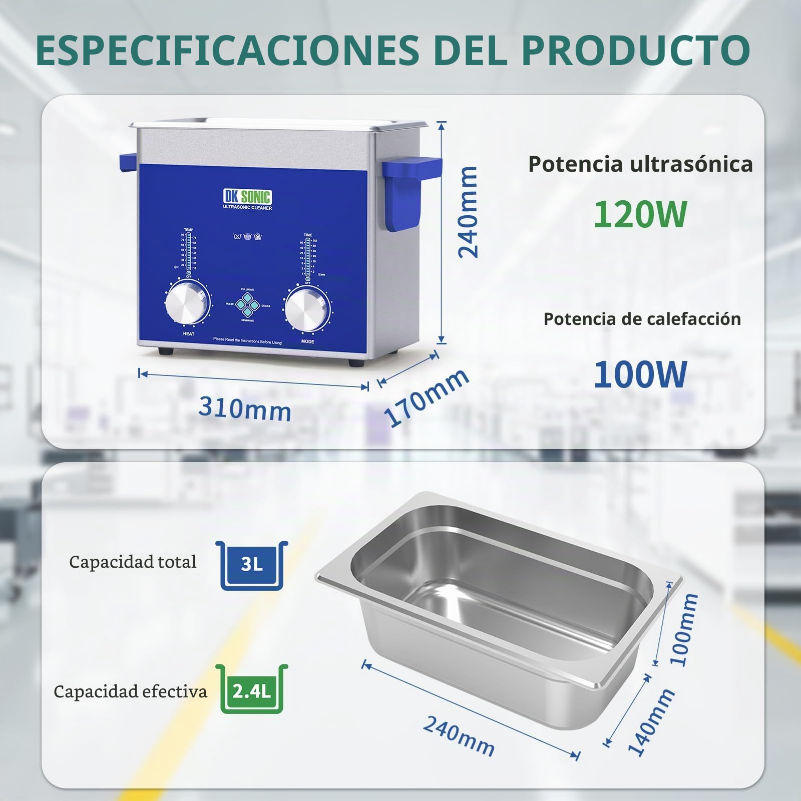 DK SONIC 3L Limpiador Ultrasónico, 120W Limpiador Ultrasónico Comercial de Joyas con Temporizador Codificado, Calentador y Cesta, Multiusos para Joyas, Gafas, Cadenas y Relojes.