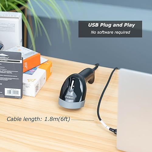 Miniatura 2 de TEEMI Escáner de código de barras USB 2D con soporte, lector de códigos 1DQR para inventario, pistola de escaneo manos libres para almacén,