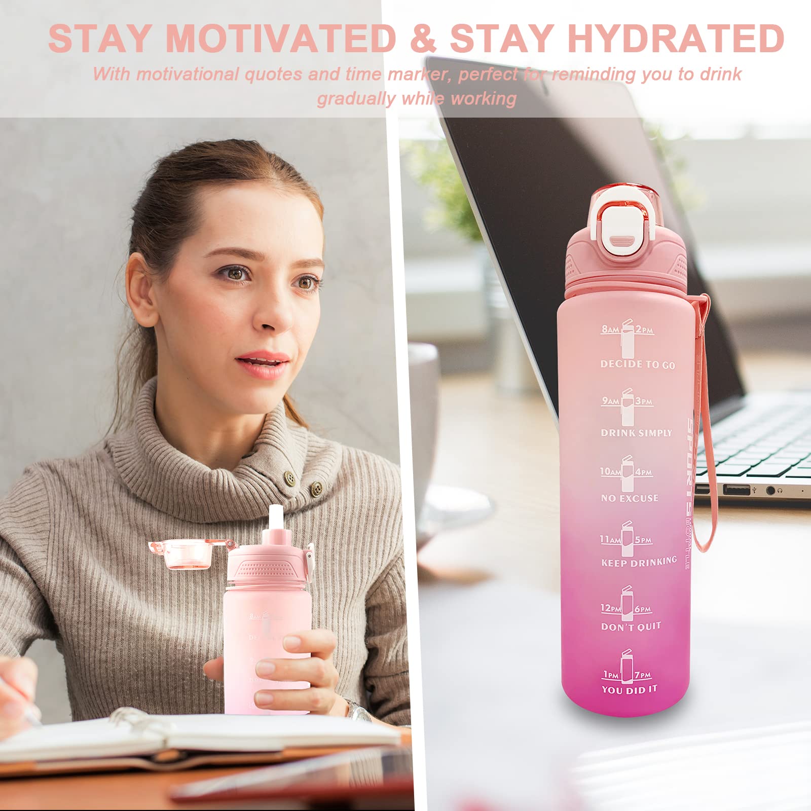 32oz Motivational Water Bottle With Time Marker – Squeeze Top, BPA-Free, Leakproof For Sports
