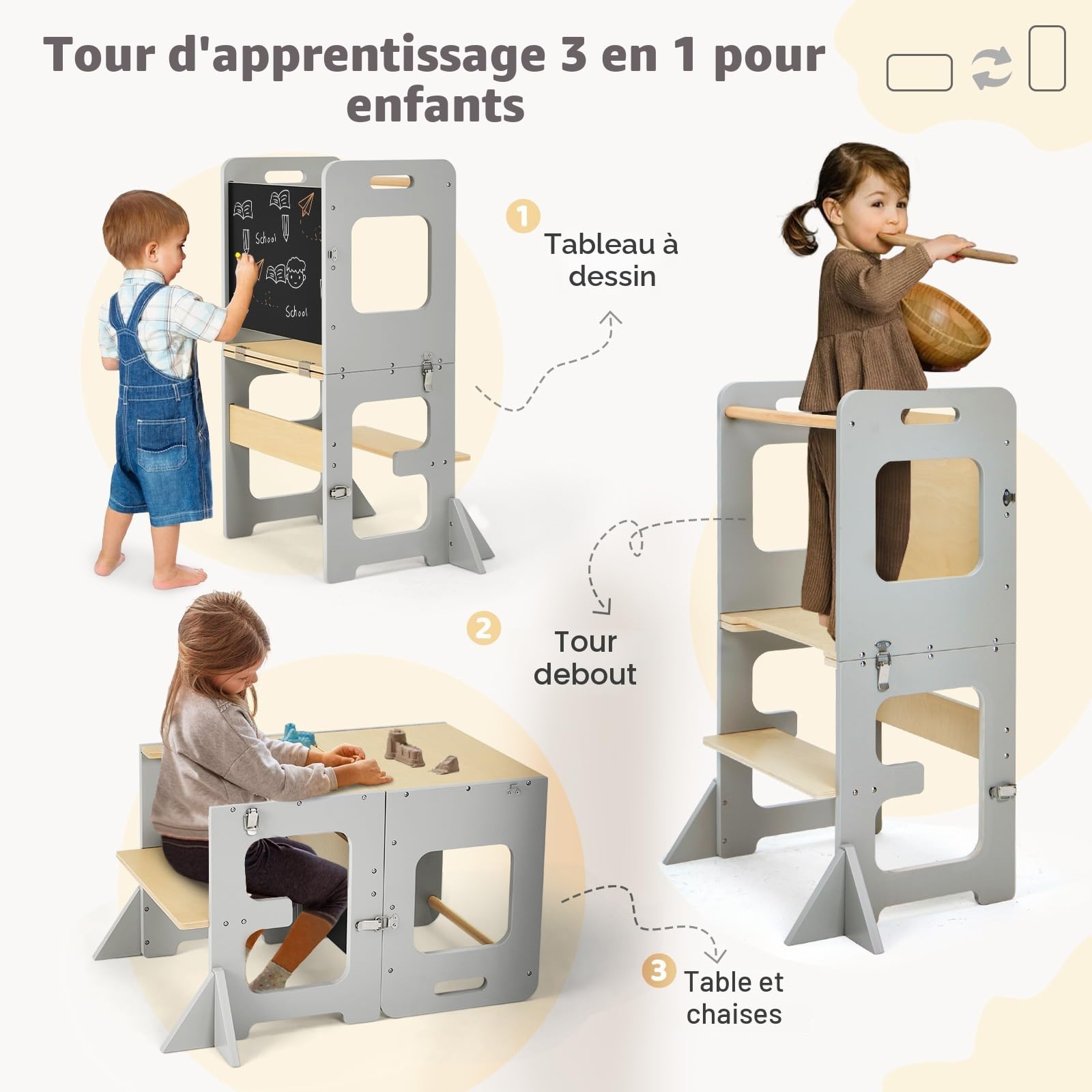 Labebe Tour d'apprentissage pour Enfants, Montessori Learning Tower avec Tableau Noir, Multifonction 3 en 1 Tour d Observation Pliable, Tour d'apprentissage à partir de 1an （Grau）