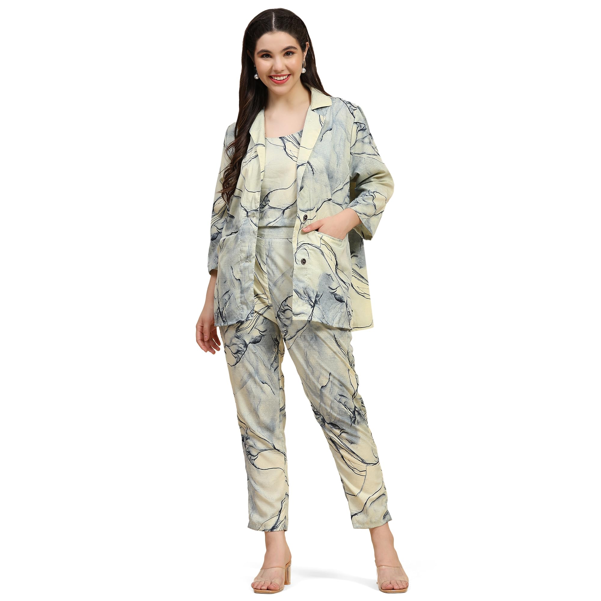 anushil Stylish Co-ord Set For Women - Printed Crop Top with Pants and Blazer, 3peice Blazer Co-ord Set, Co-ord Top & Pant Set for Casual Wear (M, Blue)-picture-40