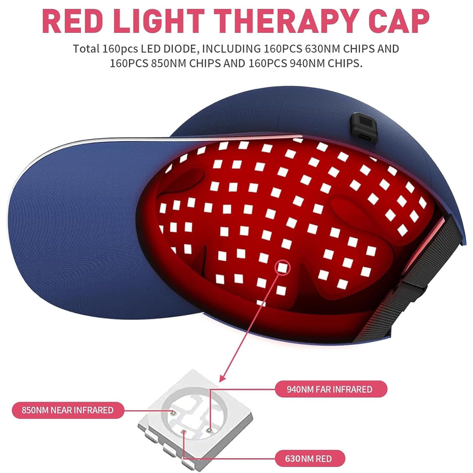 Gorro De Terapia De Luz Roja, 160 Piezas De Cuentas De Lámpara, Gorro De Crecimiento Del Cabello Con Control De Aceite, Longitud De Onda 630 Nm, 850 Nm Y 940 Nm, Gorro De Crecimiento Del Cabello LED