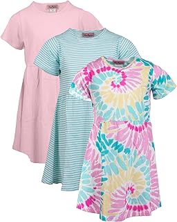 Girls 3 Pack Short Sleeve Skater Dress Soft Cotton Cute Designs Spring Summer | Sizes 4-16 - Buy now