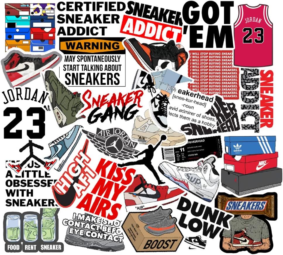 Pack of 50 - Aesthetic Sneakerhead Stickers for Laptop, Journal, Scrapbook, Diary, Guitar, Mobile - Waterproof - Gift for Sneaker Lovers