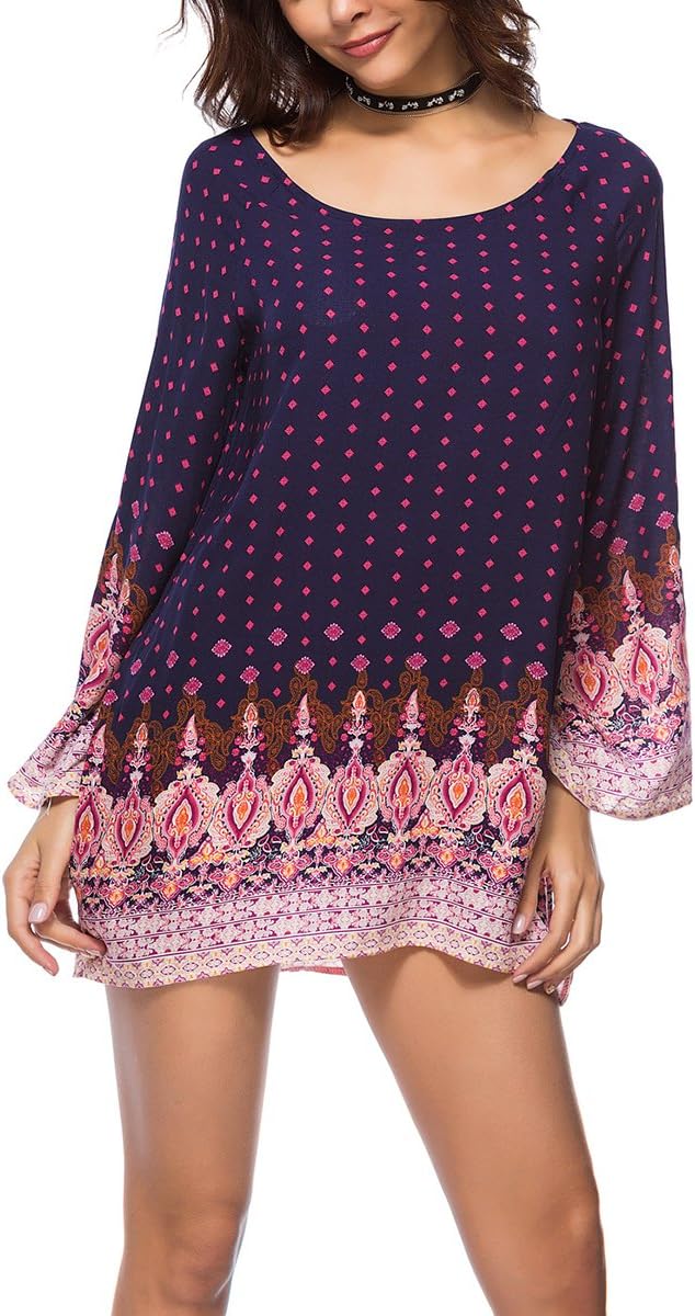 Women's Bohemian Vintage Printed Ethnic Style Loose Casual Tunic Dress(Navy/Pink-XL)