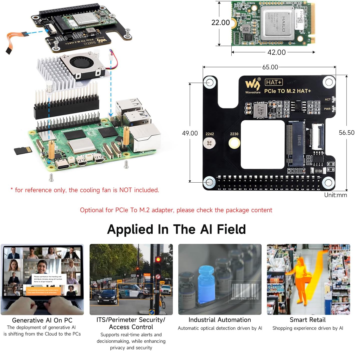 Waveshare Hailo-8 M.2 AI Accelerator Module, Compatible with Raspberry Pi 5, Supports Linux/Windows Systems, Based On The 26TOPS Hailo-8 AI Processor, Comes with PCIe to M.2 Adapter Board