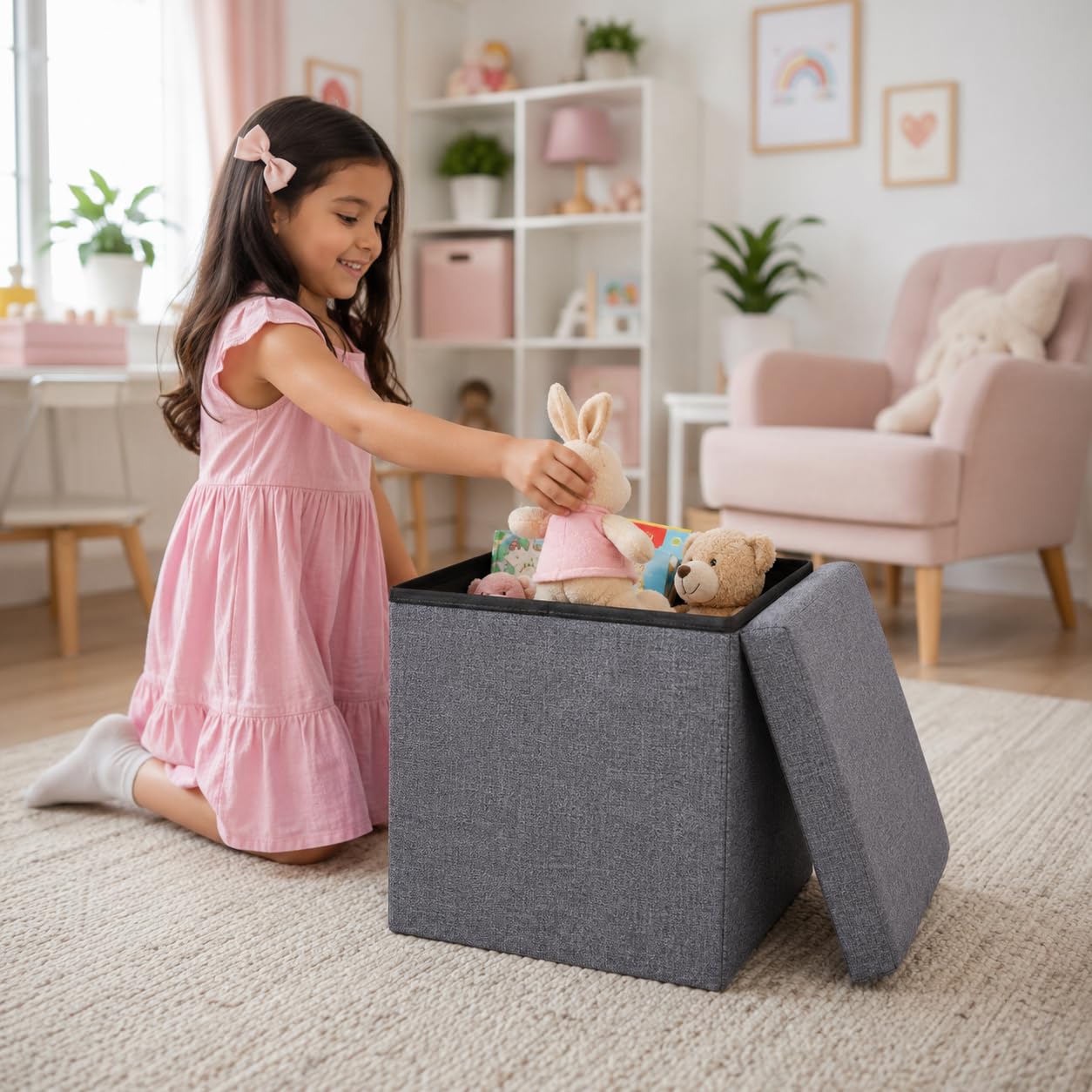 Foldable Storage Ottoman Stool with Padded Seat, Linen Fabric Collapsible Footrest Box for Home, Living Room, Bedroom & Office, Heavy Duty MDF Reinforced Structure with 120KG Max Static Load Capacity--image-30