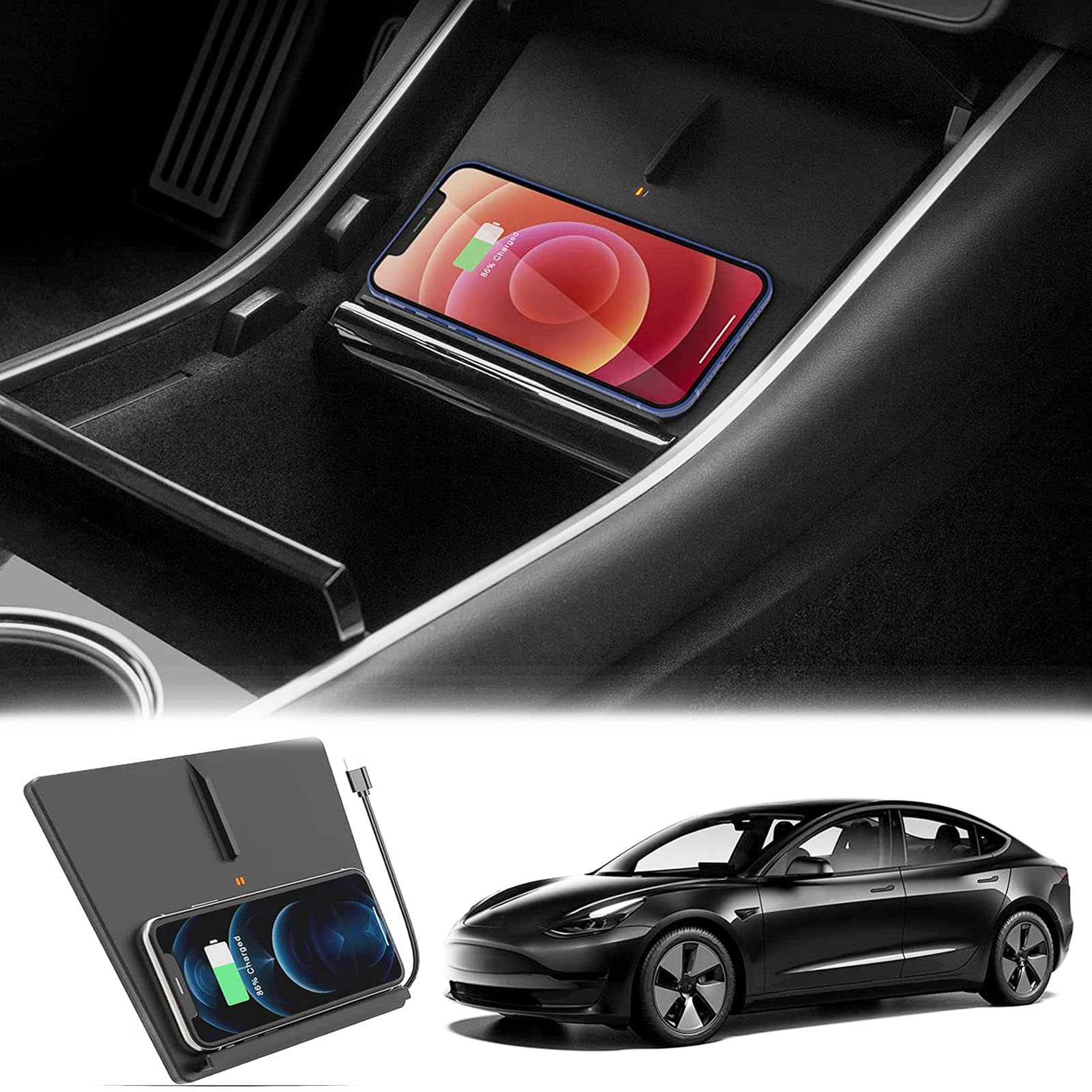 Nuovo Aggiornamento Caricatore per Auto Wireless per Tesla Model 3 (2017-2020),Tappetino Ricarica Veloce 15W,Caricabatterie Wireless Console Centrale Funziona con Telefoni Abilitati Qi