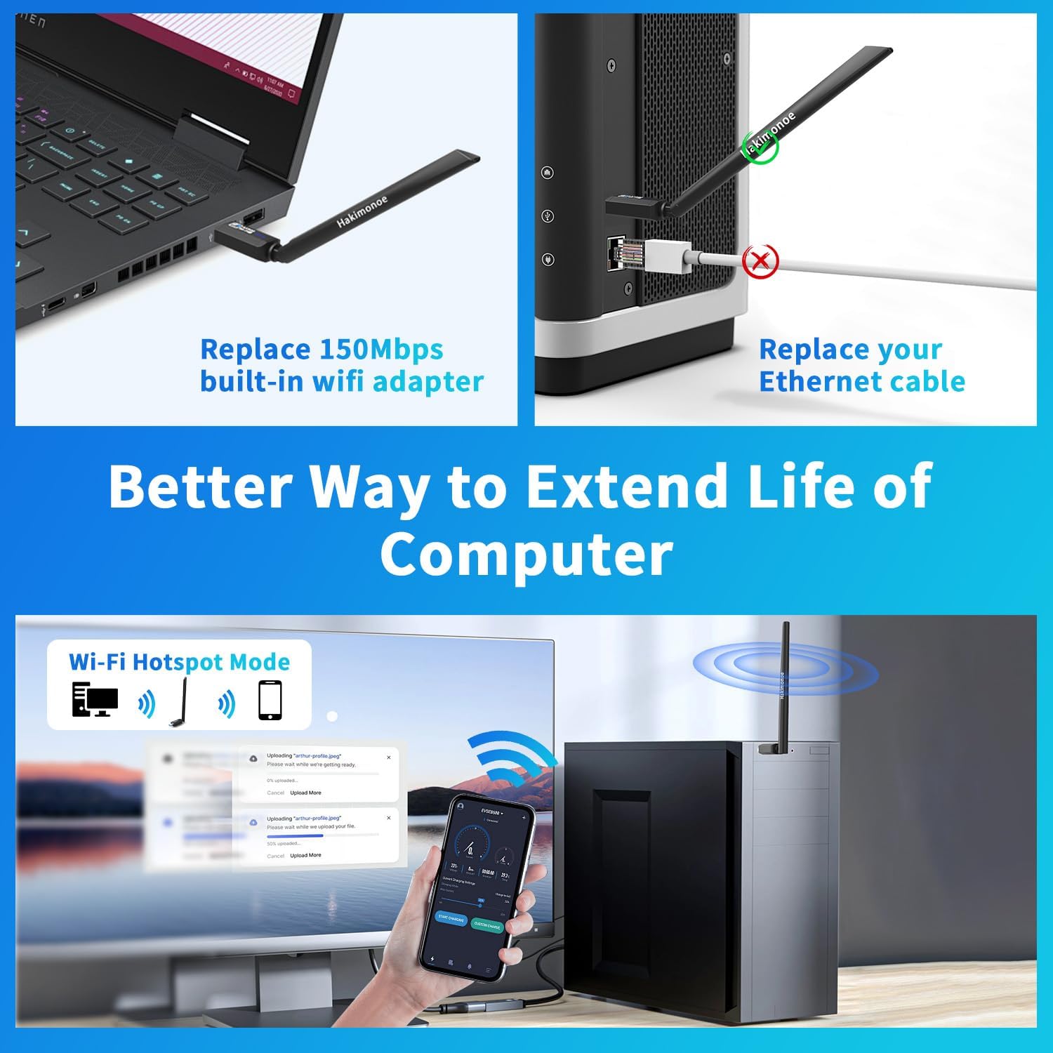 Image demonstrating the easy setup process for Windows 11/10/7, showing the adapter plugged into a computer and a pop-up for driver installation.