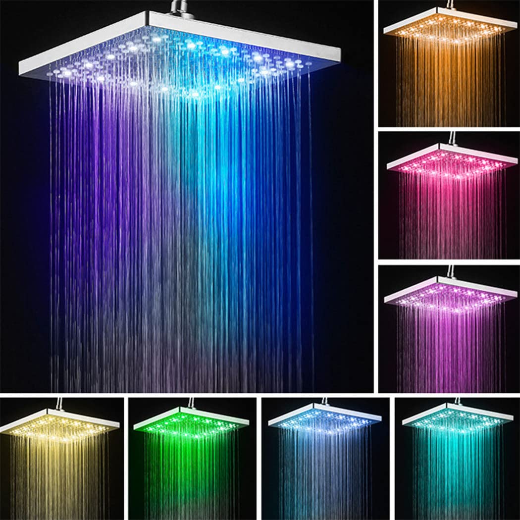 Pommeau de douche carré à LED chromé avec détecteur de température automatique