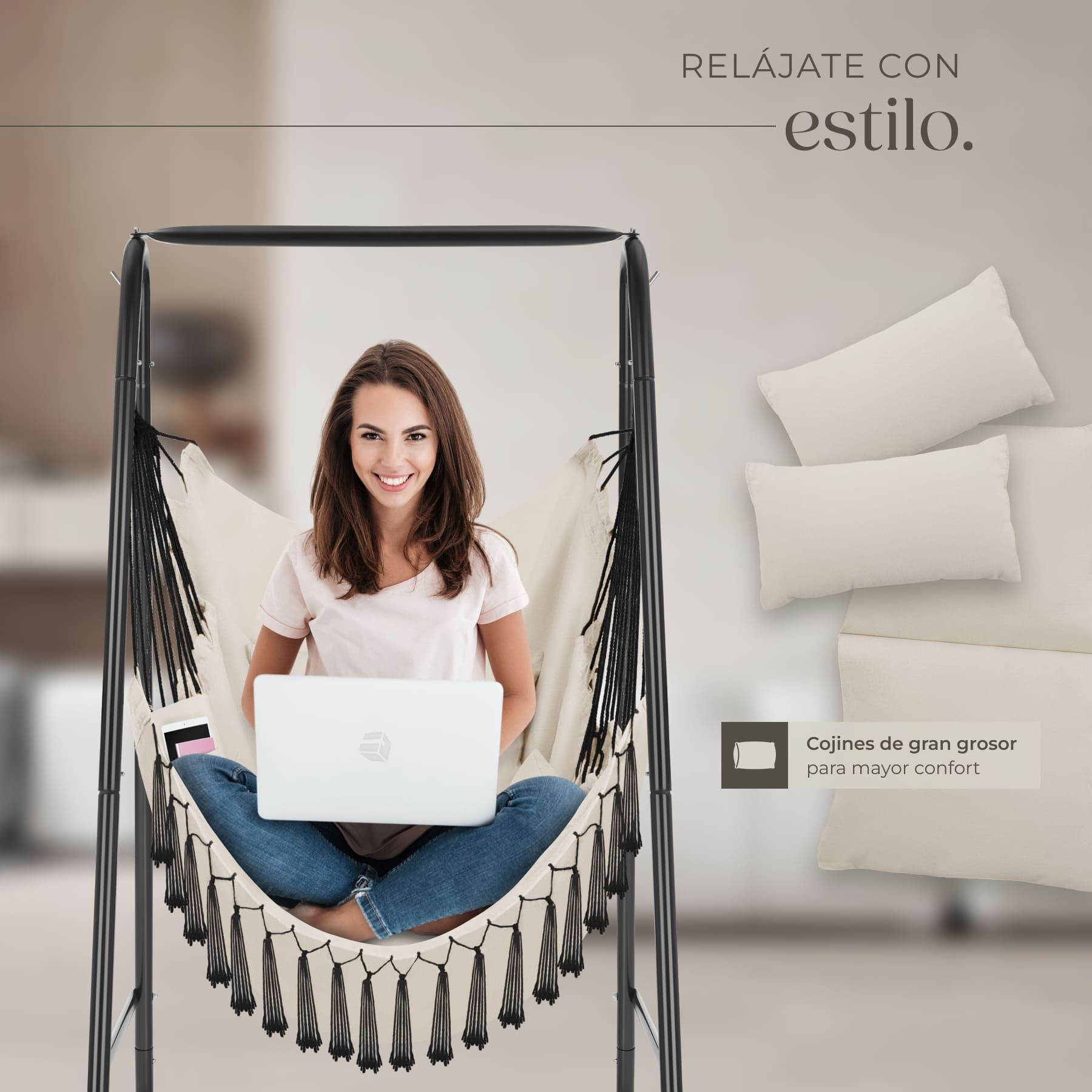 Silla Colgante Boho, Estructura De Acero, Borlas Decorativas, Cojines Gruesos, Bolsillo Lateral, Interior Y Exterior, Hamaca Sillón Colgante para Jardín, Terraza, Salón, Dormitorio