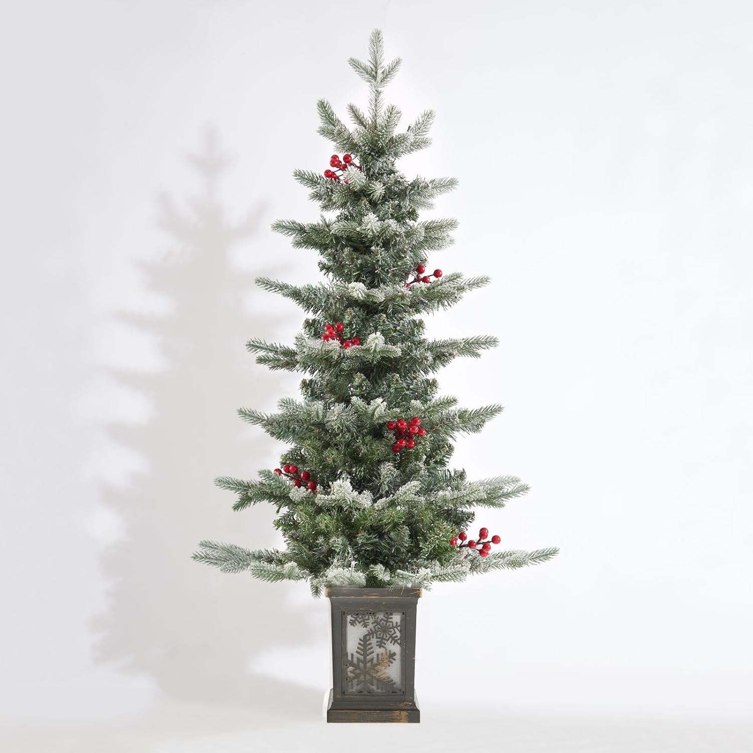 Small Pre-Lit Christmas Tree with LED Lights - 3.5 FT Snow Flocked Ariticifial Tree with Vintage Snowflake Base, Battery Operated & Auto Timer for Home Office Xmas Decor