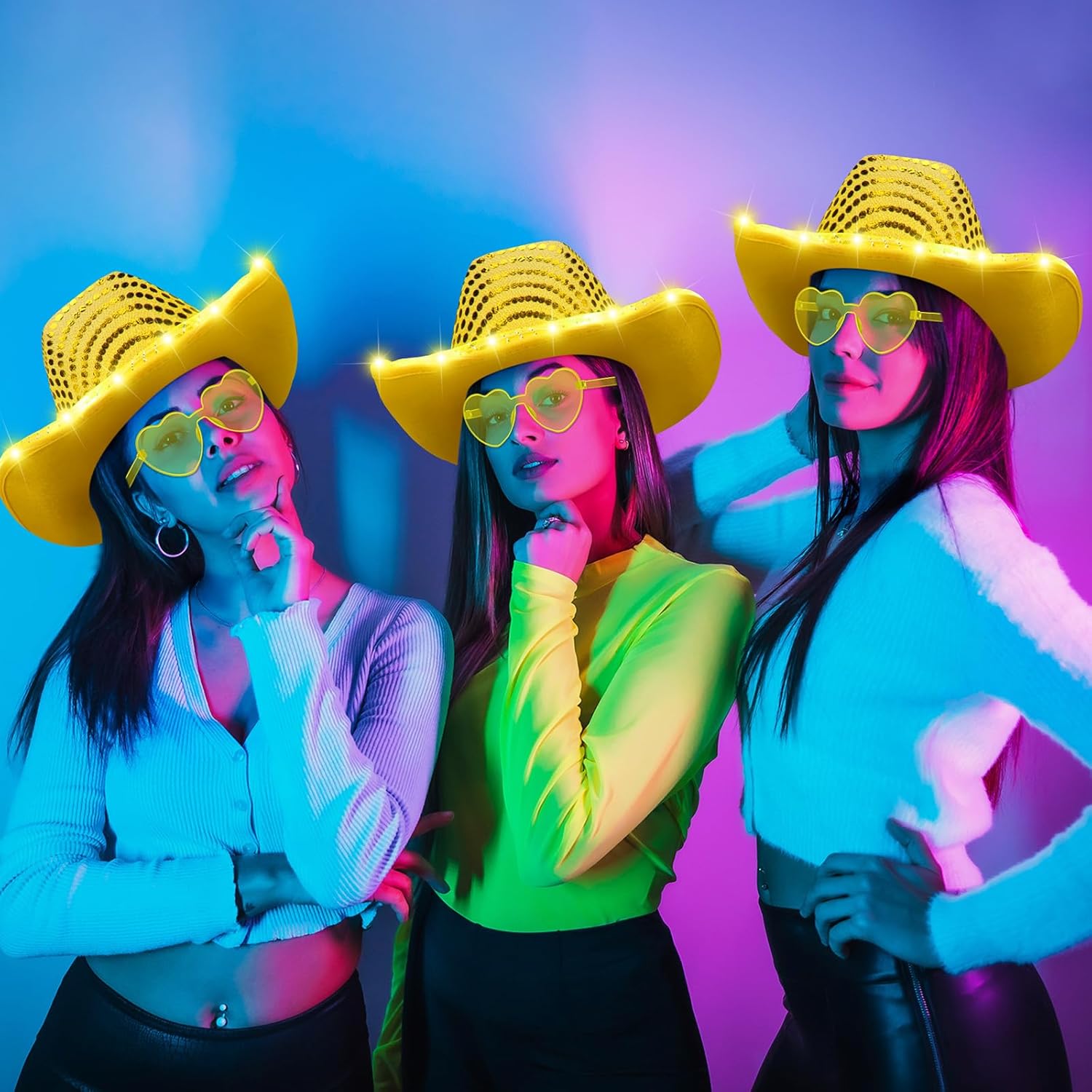 Zhanmai 6 Set LED Cowboy Hat Light Up Glitter Cowboy Hat with Sunglasses Sequin Space Cowgirl Hat for Women Men Costume - Image 4