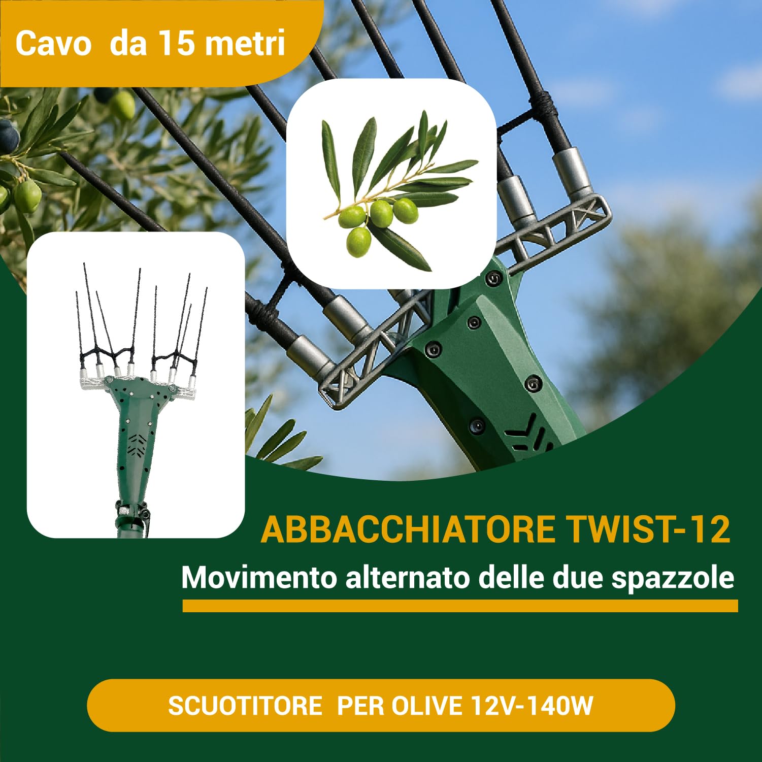 Crisalide® Abbacchiatore Elettrico per Olive TWIST-12 – Scuotitore 12V 140W Brushless con Asta Telescopica 2,3-3,0 m, Pettini in Fibra di Carbonio e Cavo da 15 m – Raccogliolive Professionale