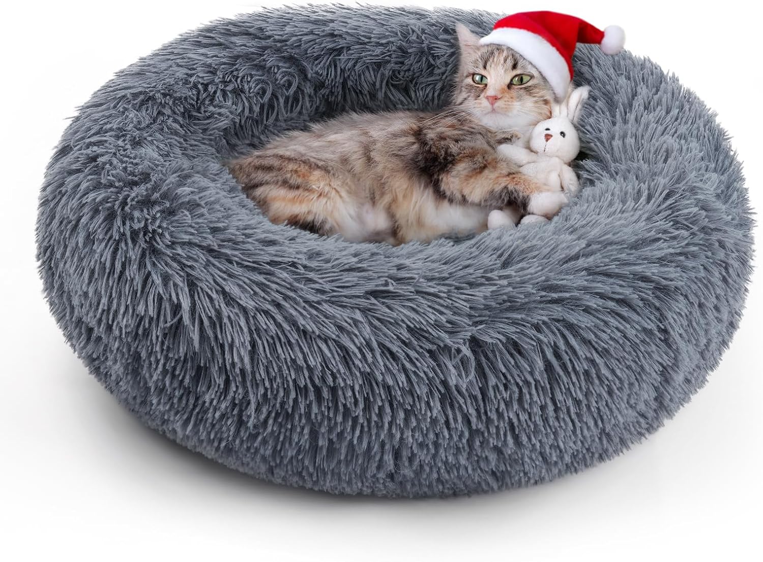 rabbitgoo Cat Beds for Indoor Cats, 20 inches Cat Bed Machine Washable, Fluffy Round Pet Bed Non-Slip, Calming Soft Plush Donut Cuddler Cushion Self Warming for Small Dogs Kittens, Dark Grey, Medium