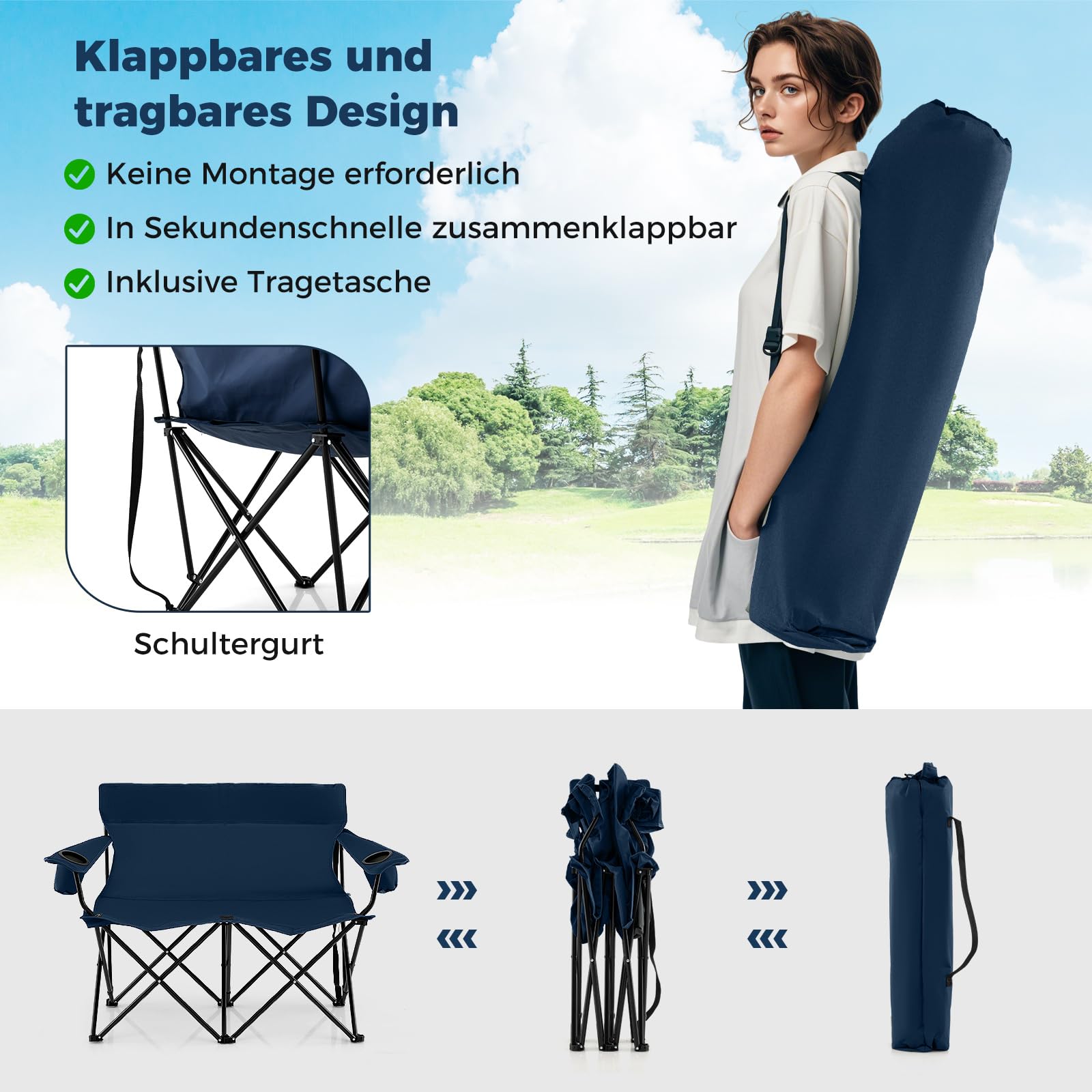 COSTWAY Campingstoel voor 2 personen, klapstoel met gevoerde zitting, rugleuning en armleuningen, bekerhouder, 226 kg draagvermogen, inklapbare visstoel, vouwstoel voor camping, picknick, vissen