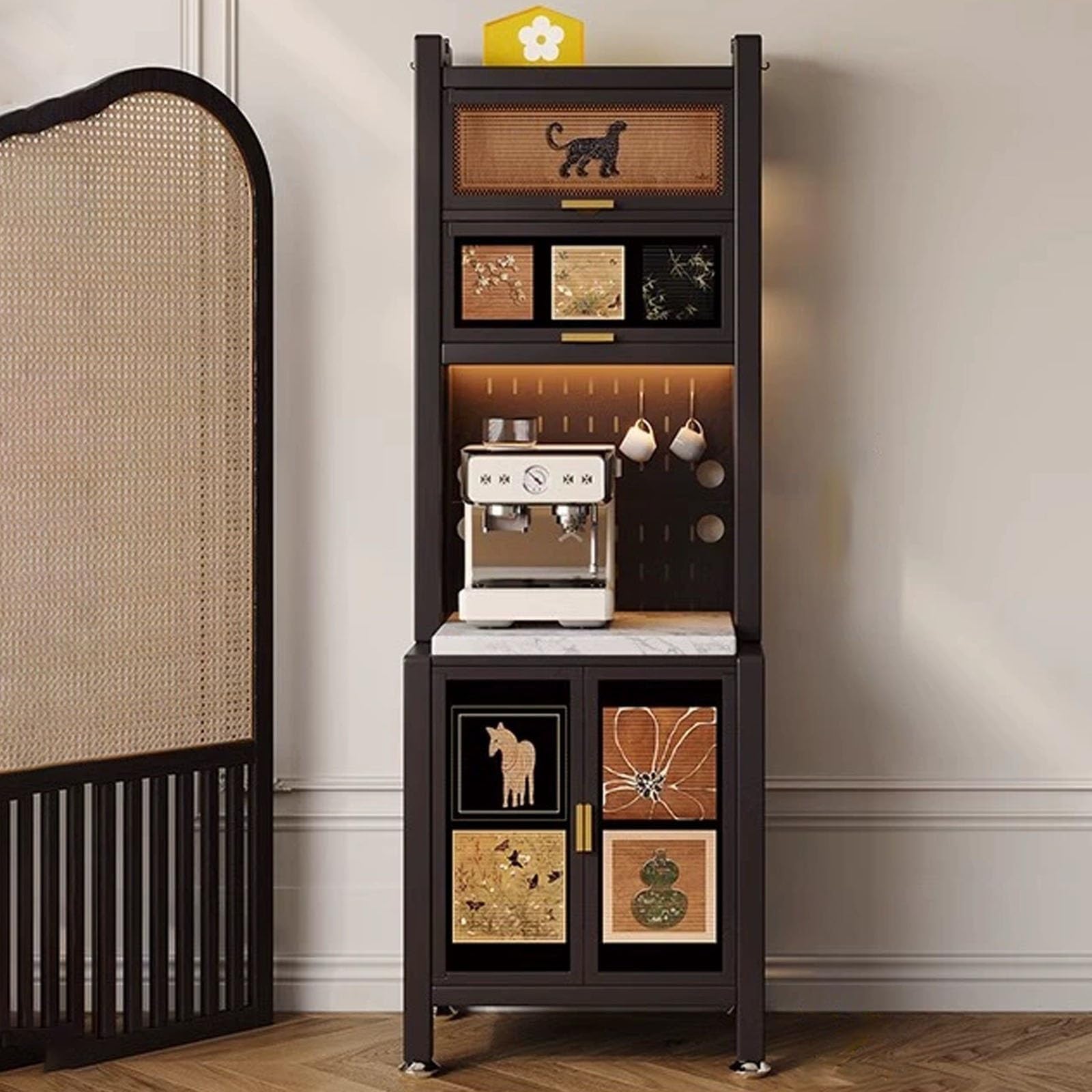 Kitchen Sideboard Buffet Cabinet, Metal Pantry Storage Cabinets Buffet with Pegboard, Tall Hutch Cupboard with Adjustable Shelf, Coffee Bar Table for Living(80cm/31.4in)