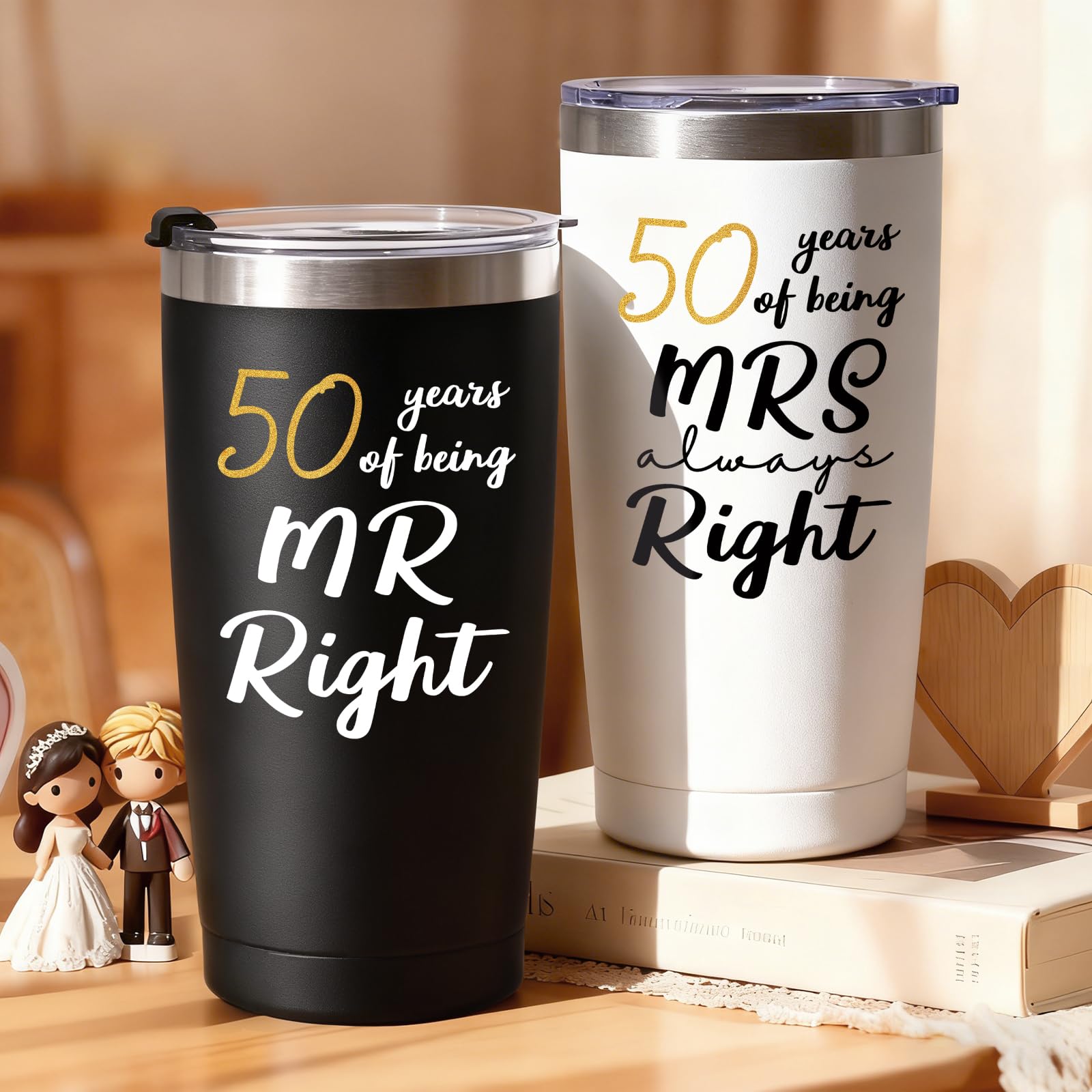 Lifecapido 50th Wedding Gifts, Couple Gifts Ideas for Parents Friends Hunsband Wife, 50th Mr Right & Mrs Always Right Tumbler Set with Lid & Straw(20oz, Black & White)