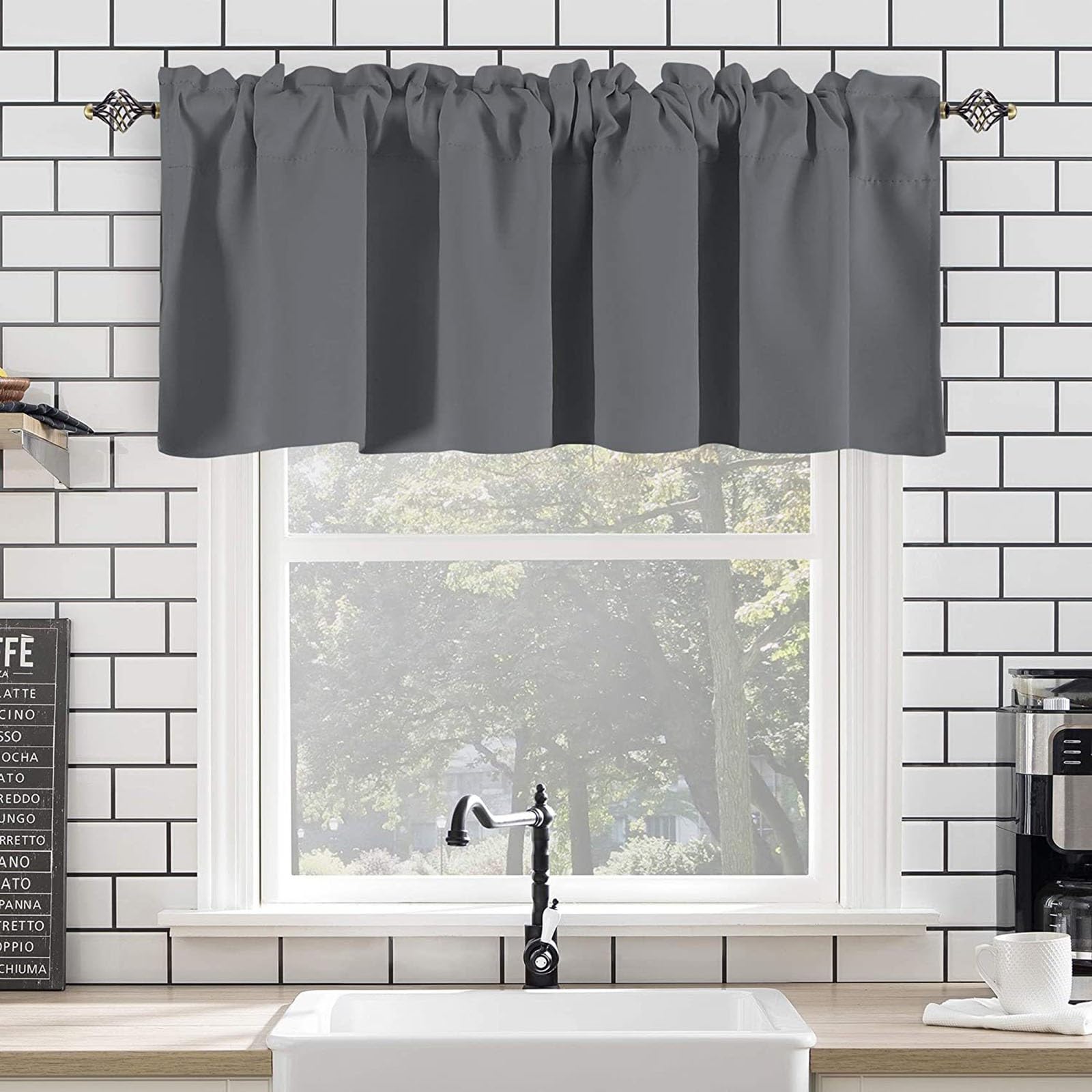 Kitchen Curtain，Polyester Cotton Fabric Cafe Blackout Curtains, Short Windows Treatment Privacy Pleated Room Divider Noise Cancelling for Small Over Sink Bedroom Campervan Van Caravan(Gray,145*55cm)