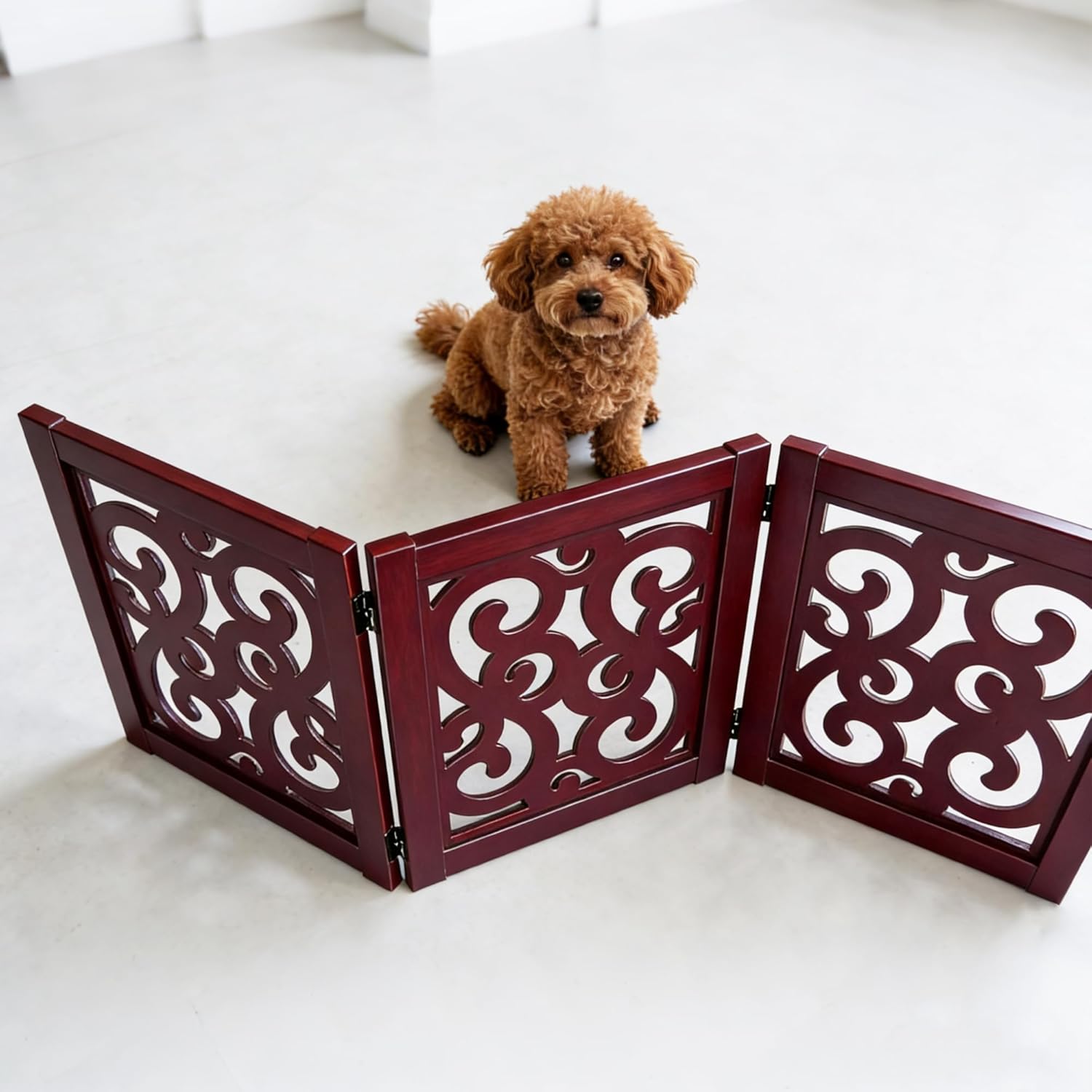 Ashfield & Harkness: 3-Panel Pet Gate - Scroll Mahogany - Wooden Foldable Freestanding Fence, Small Dogs & Puppy, 48 x 19.3, Doorway-Halls-Stairs